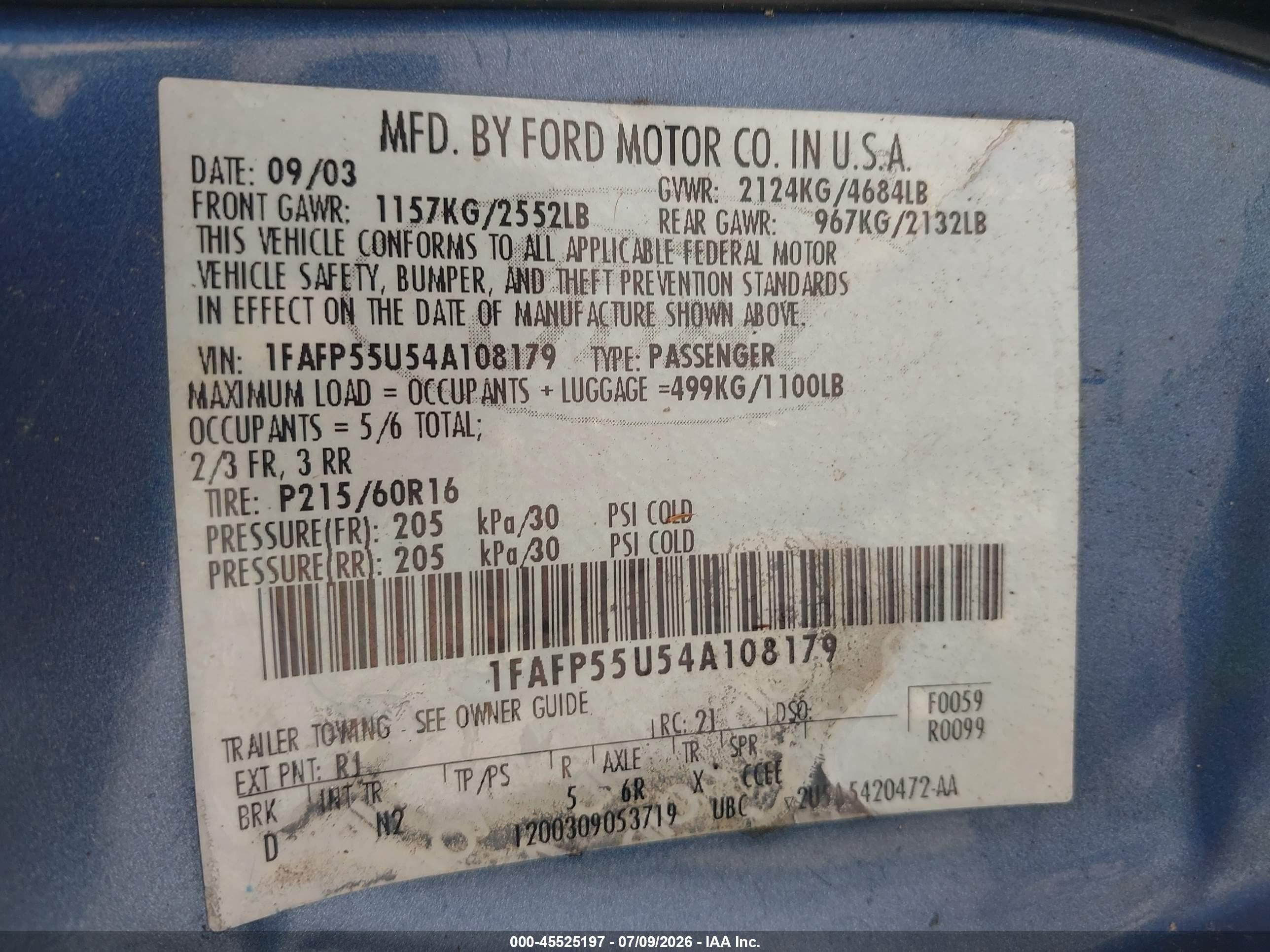 2004 Ford Taurus Ses Blue vin: 1FAFP55U54A108179