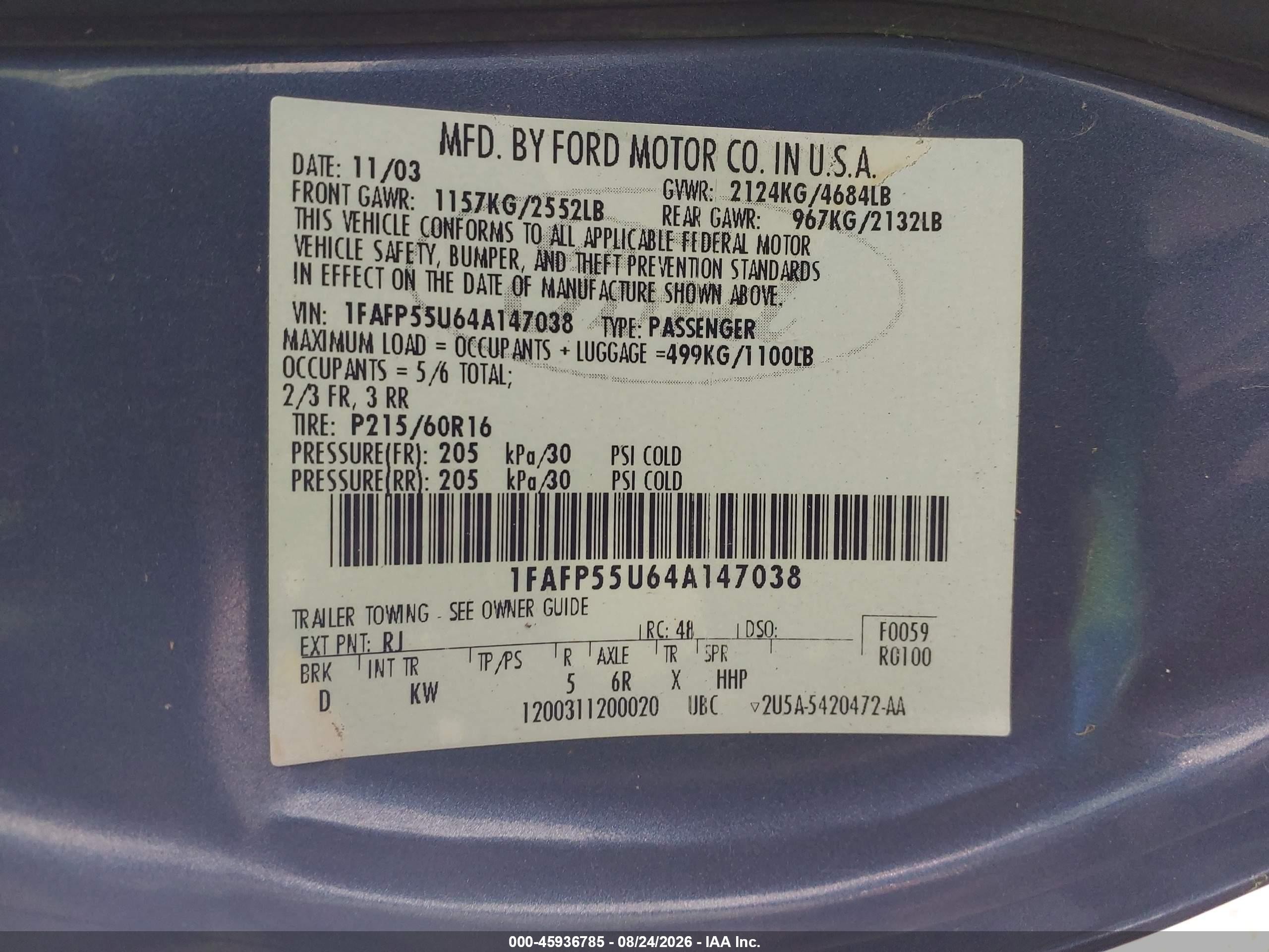 2004 Ford Taurus Ses Blue vin: 1FAFP55U64A147038