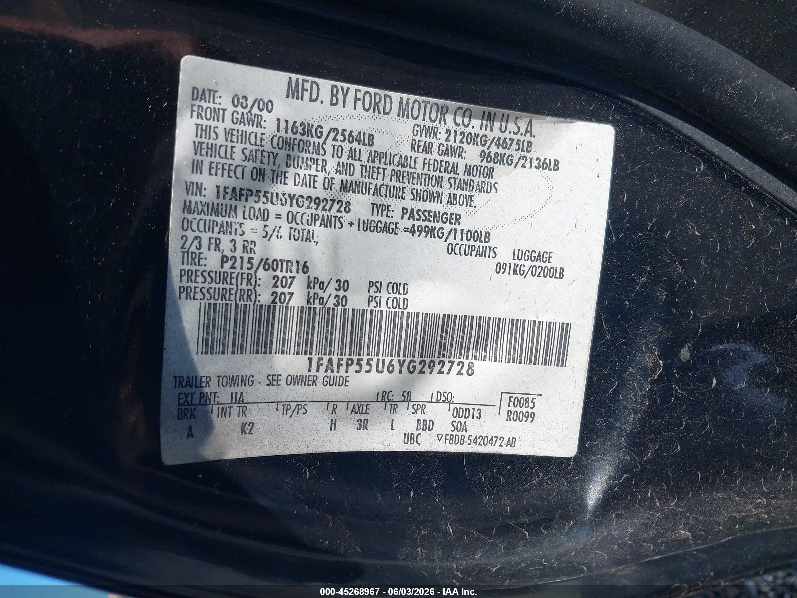 2000 Ford Taurus Ses Black vin: 1FAFP55U6YG292728