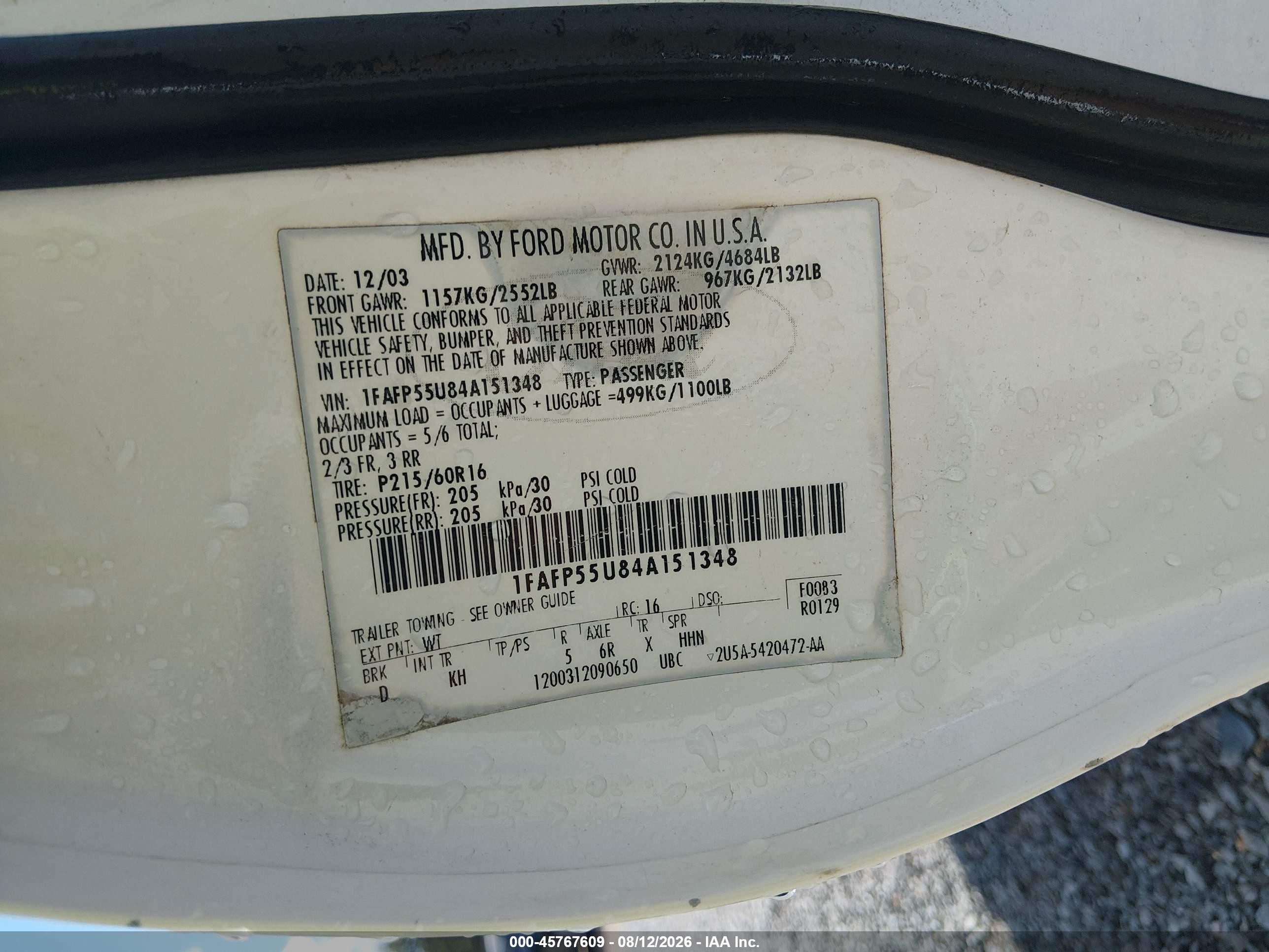 2004 Ford Taurus Ses White vin: 1FAFP55U84A151348