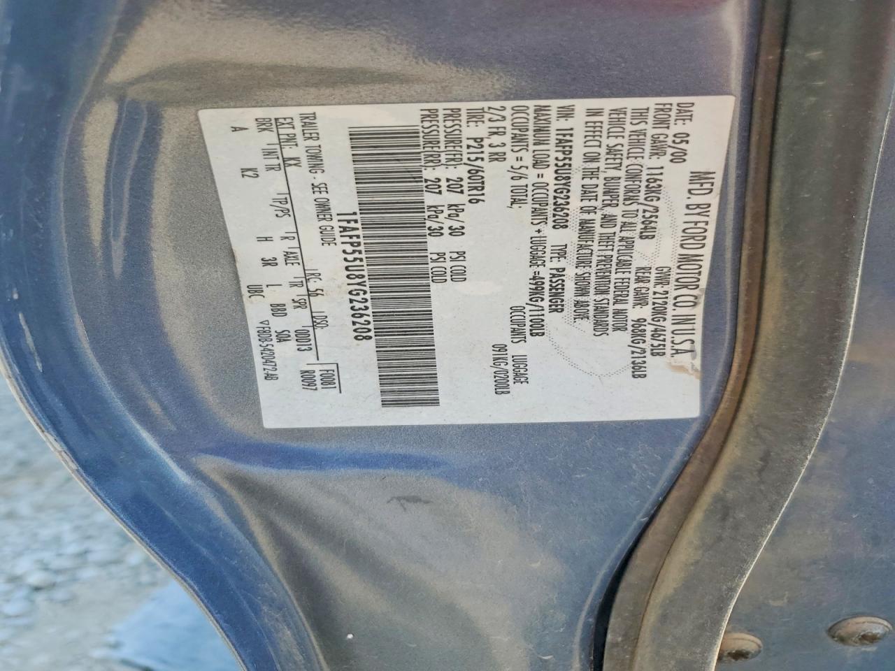 2000 Ford Taurus Ses Blue vin: 1FAFP55U8YG236208