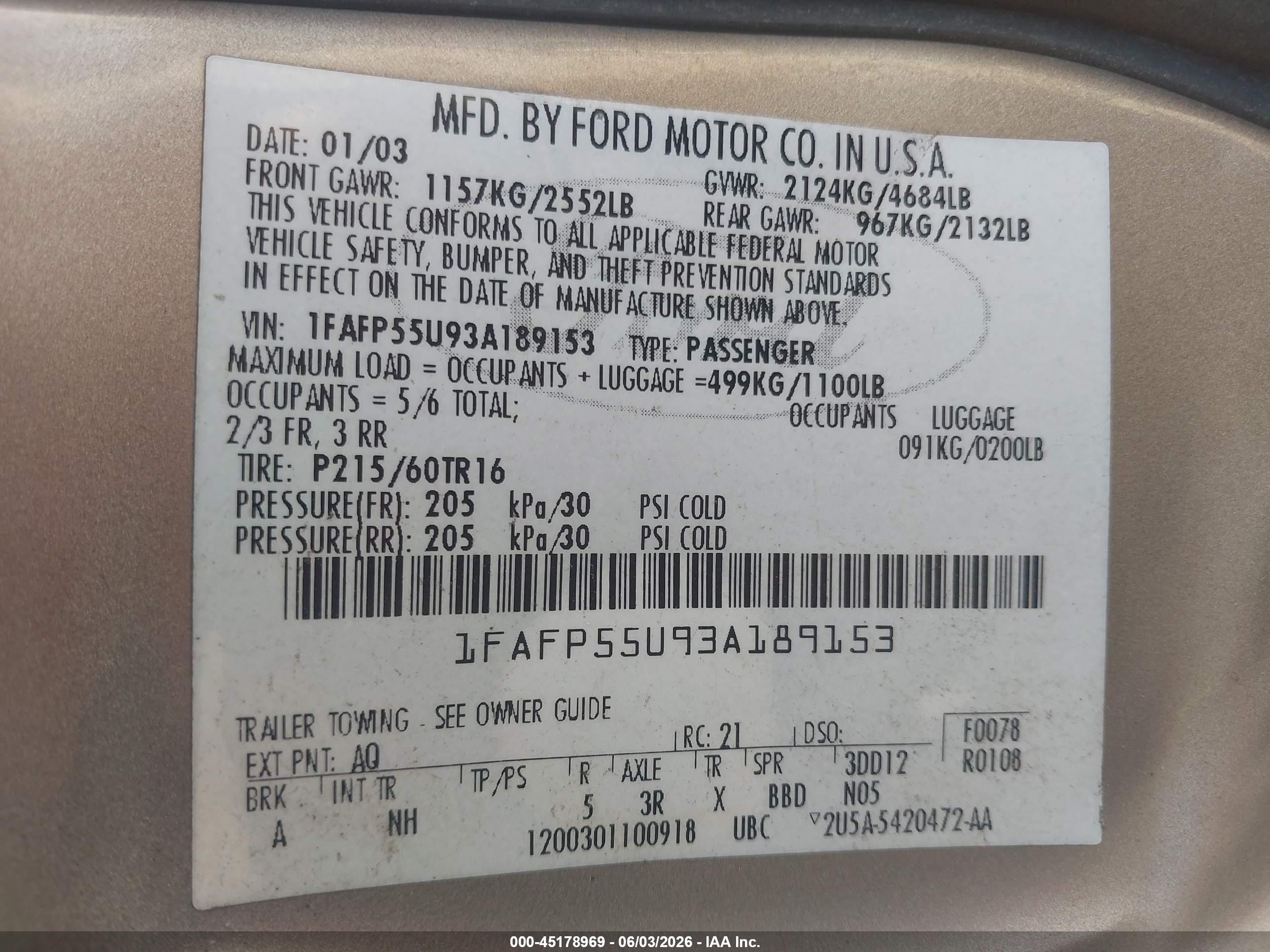 2003 Ford Taurus Ses Tan vin: 1FAFP55U93A189153