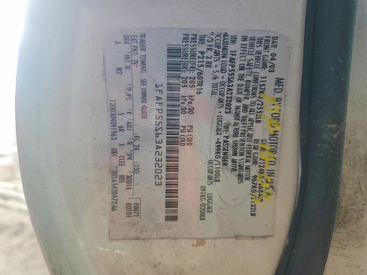 2003 Ford Taurus Ses White vin: 1FAFP55U93G130522