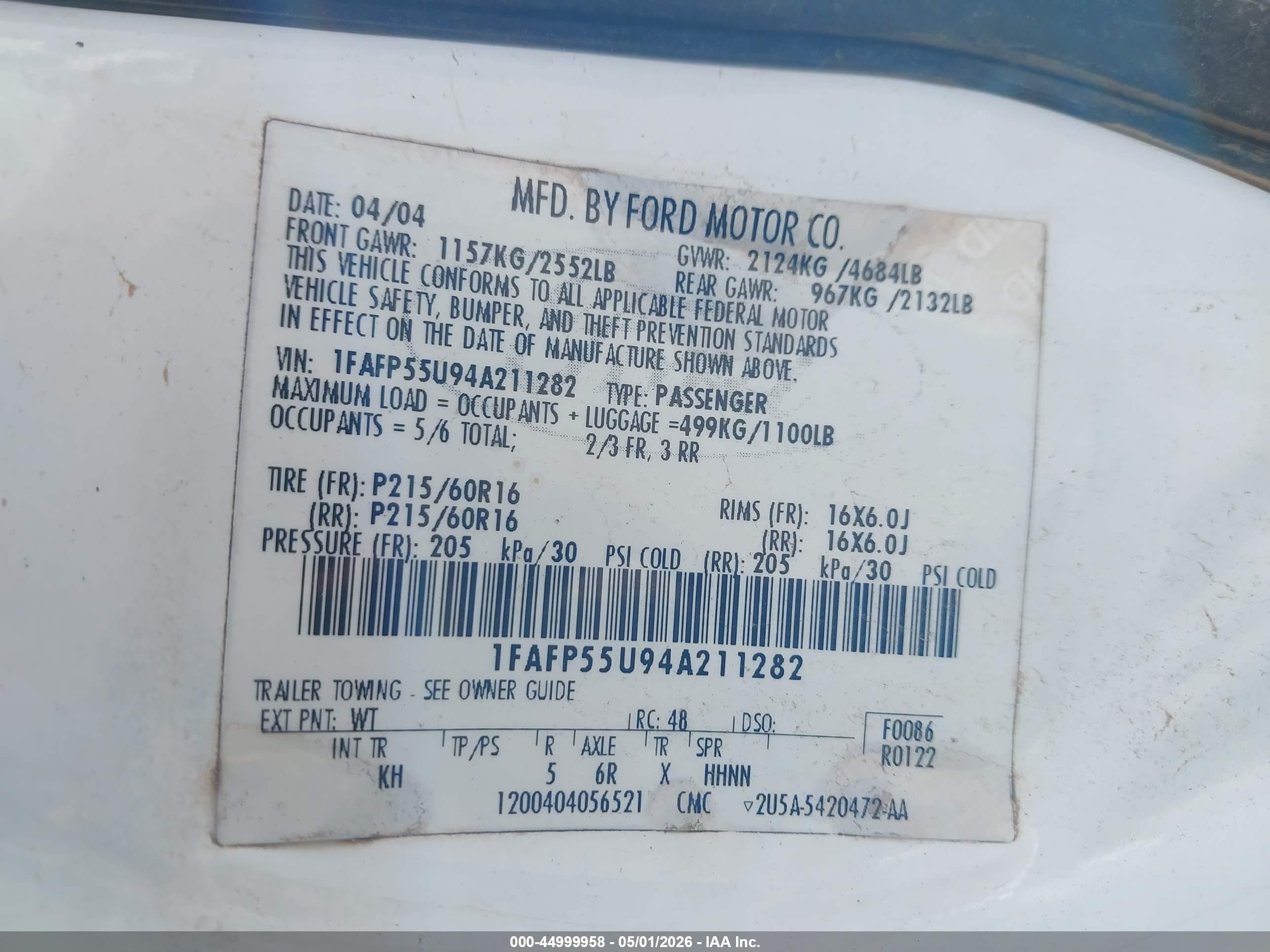 2004 Ford Taurus Ses White vin: 1FAFP55U94A211282