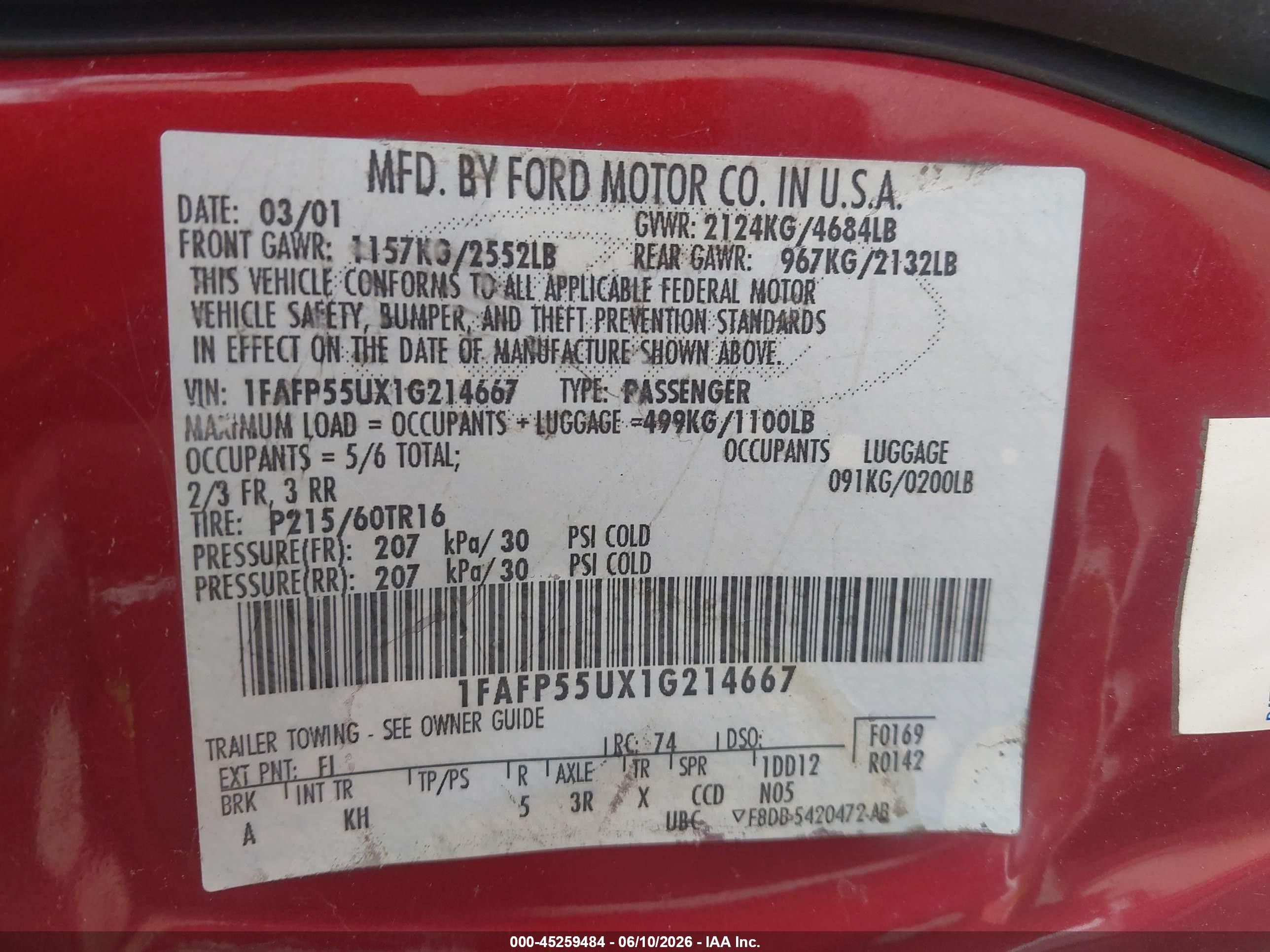 2001 Ford Taurus Ses Red vin: 1FAFP55UX1G214667