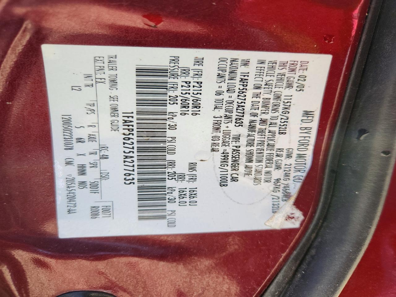 2005 Ford Taurus Sel Red vin: 1FAFP56275A277635