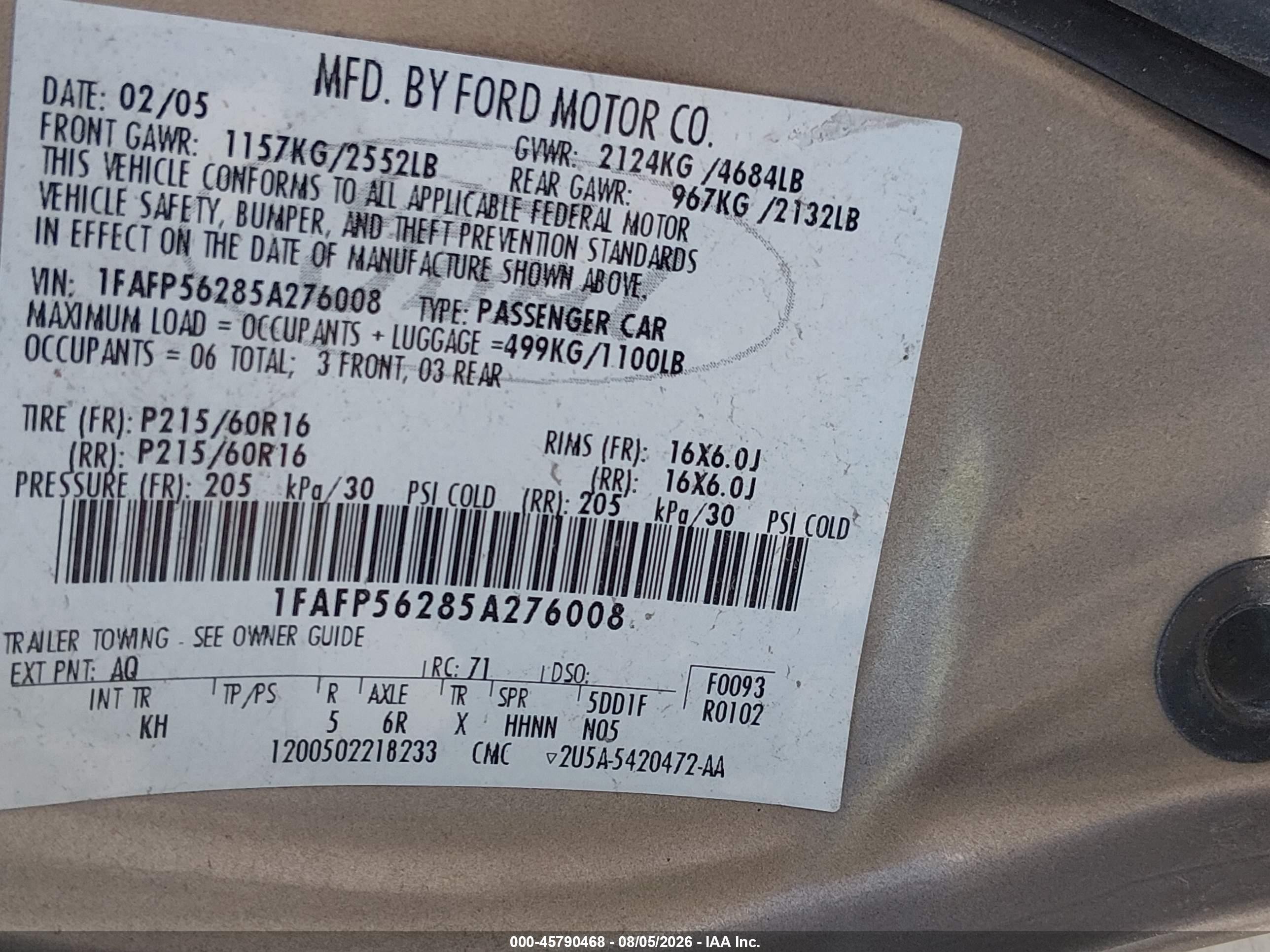 2005 Ford Taurus Sel Коричневый vin: 1FAFP56285A276008