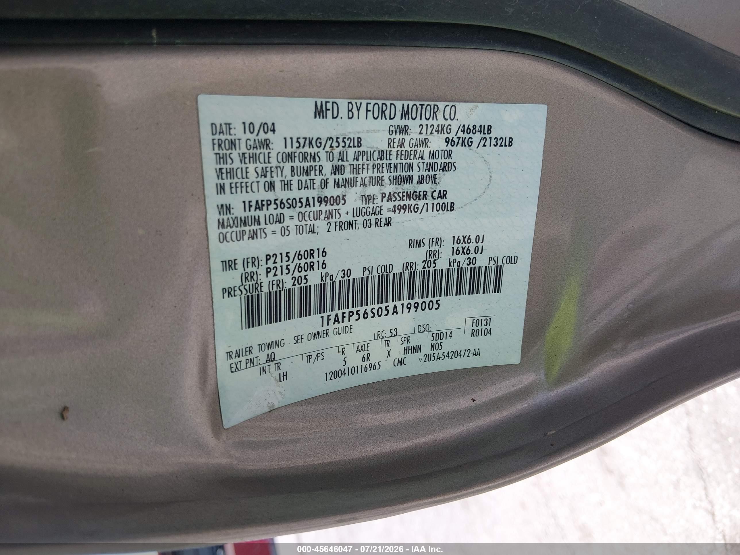 2005 Ford Taurus Sel Gold vin: 1FAFP56S05A199005