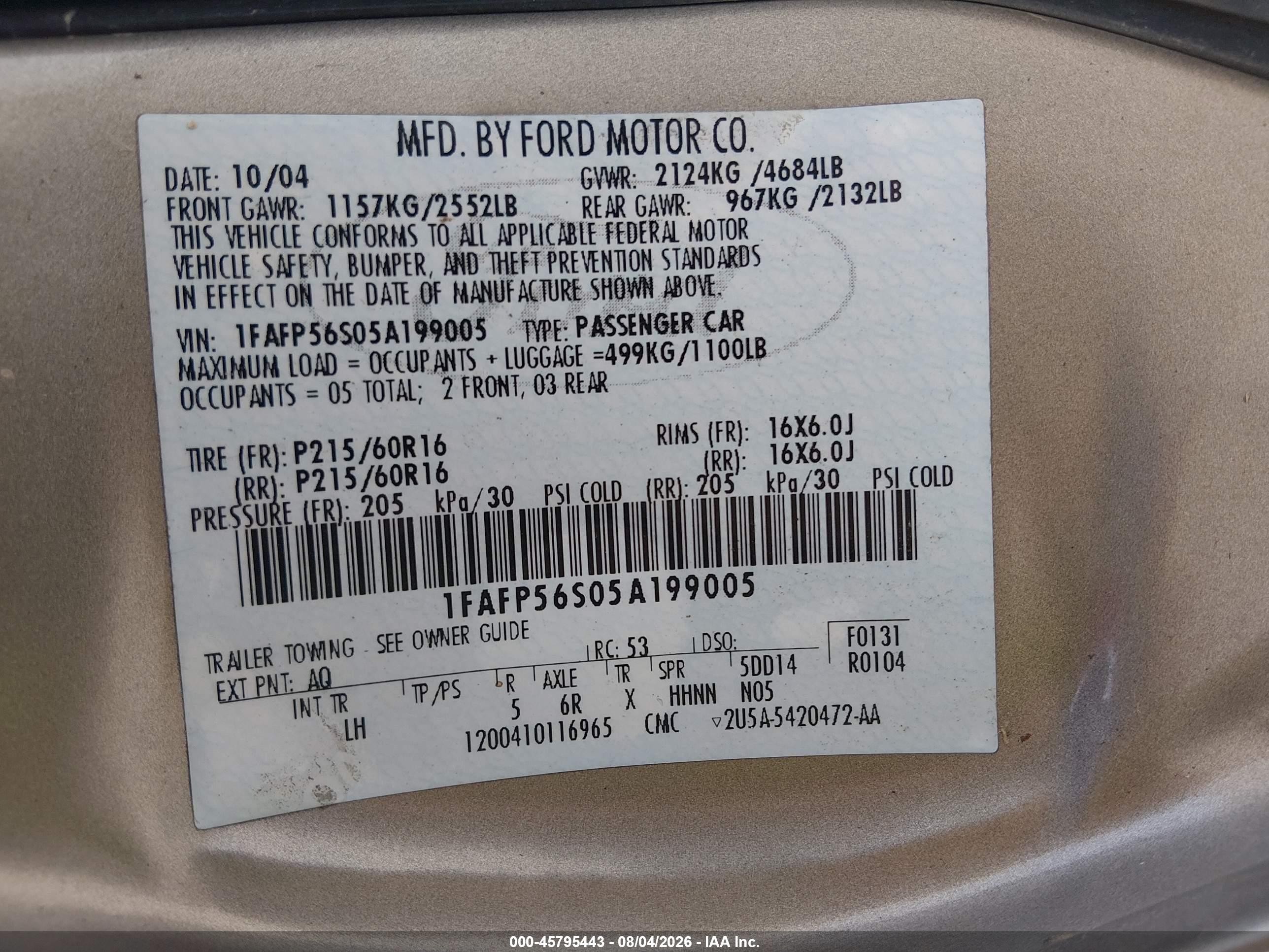 2005 Ford Taurus Sel Silver vin: 1FAFP56S05A199005