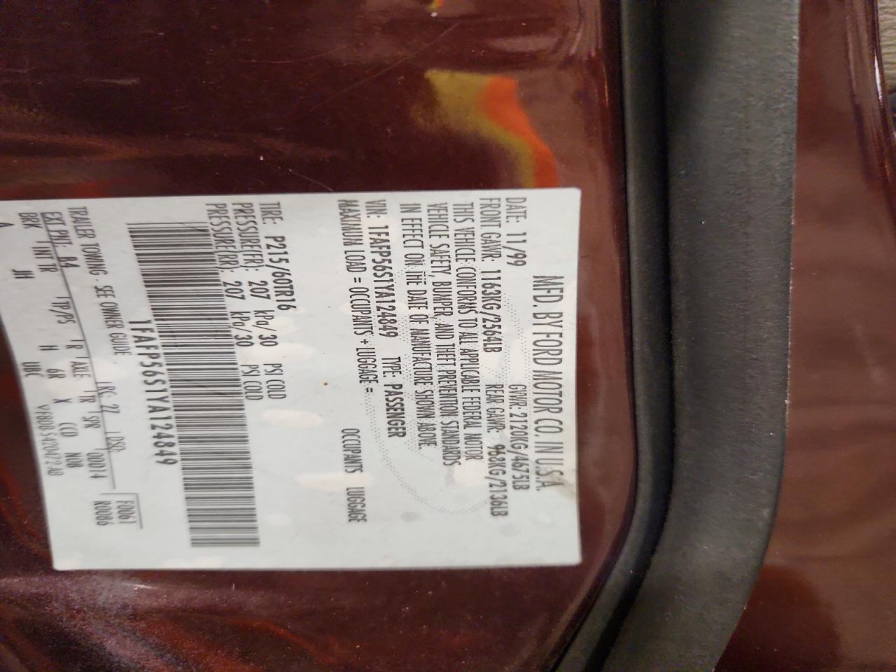 2000 Ford Taurus Sel Brown vin: 1FAFP56S1YA124849