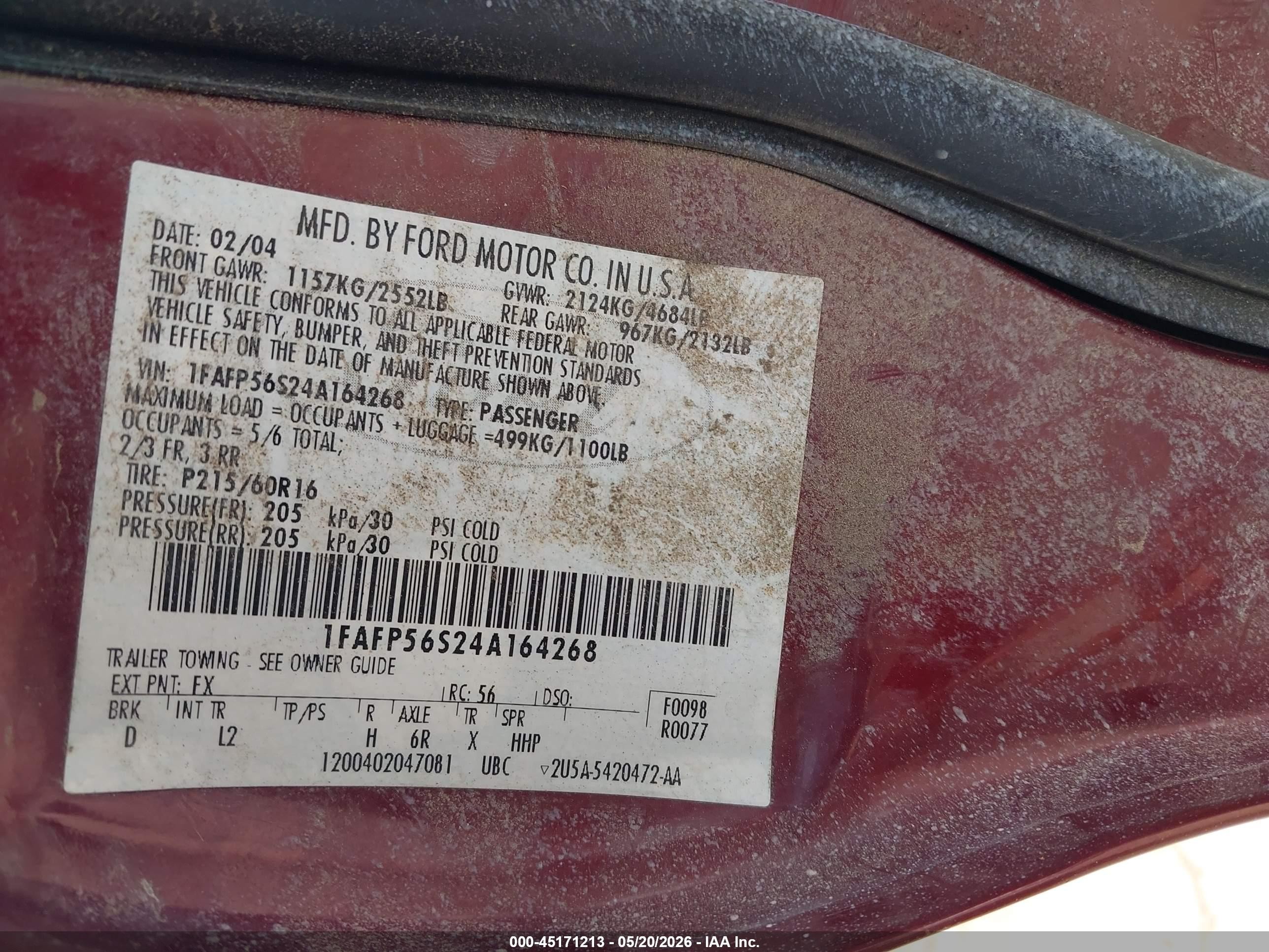 2004 Ford Taurus Sel Red vin: 1FAFP56S24A164268