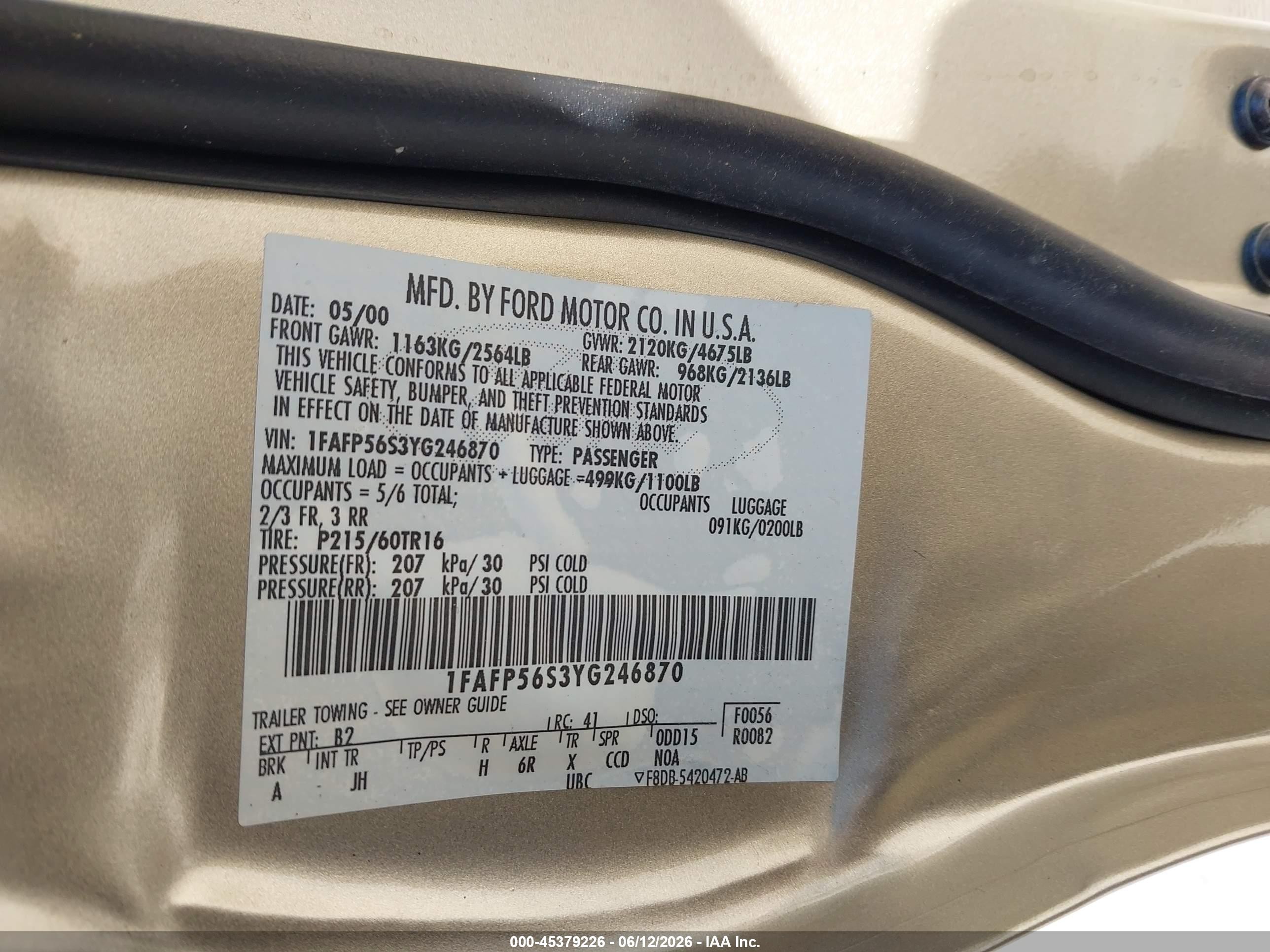 2000 Ford Taurus Sel Gold vin: 1FAFP56S3YG246870