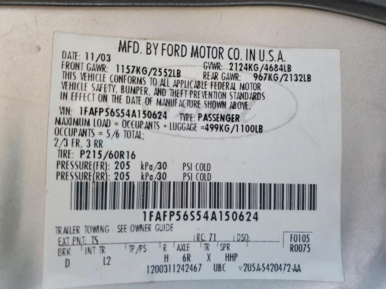 2004 Ford Taurus Sel Silver vin: 1FAFP56S54A150624