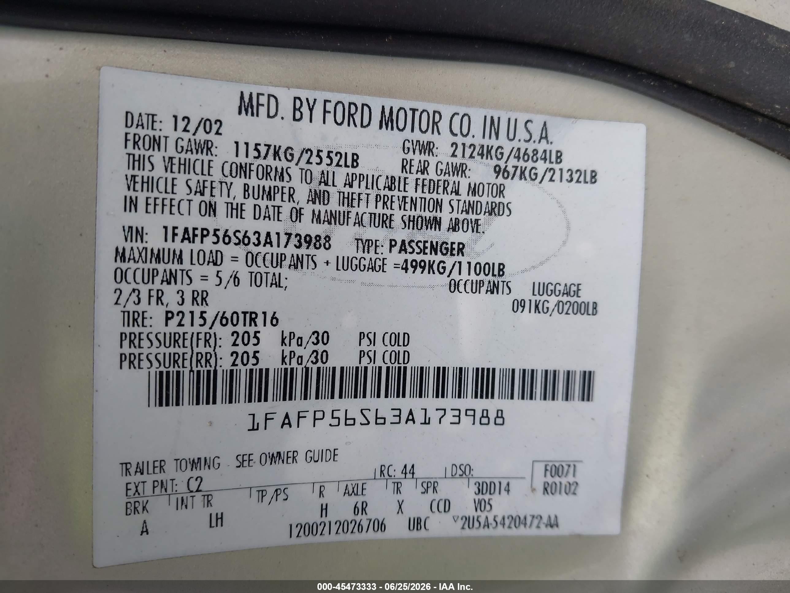 2003 Ford Taurus Sel Silver vin: 1FAFP56S63A173988