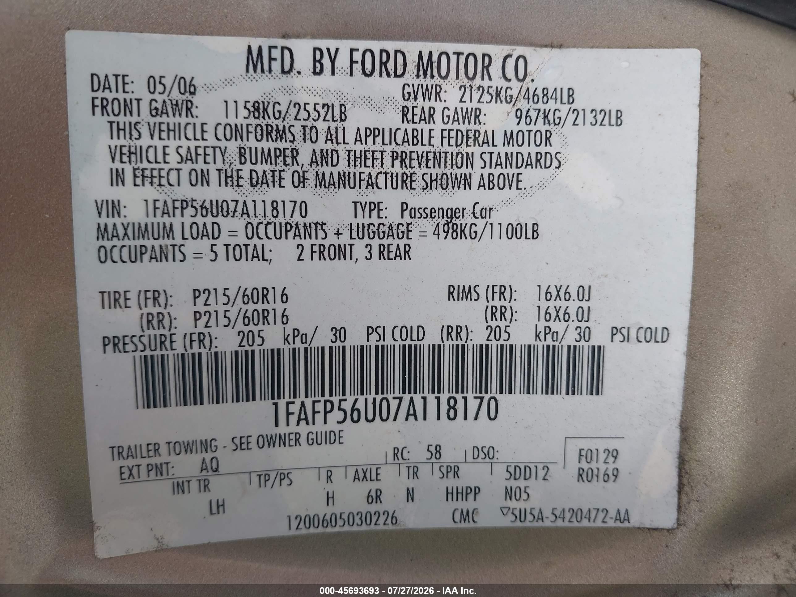 2007 Ford Taurus Sel Beige vin: 1FAFP56U07A118170