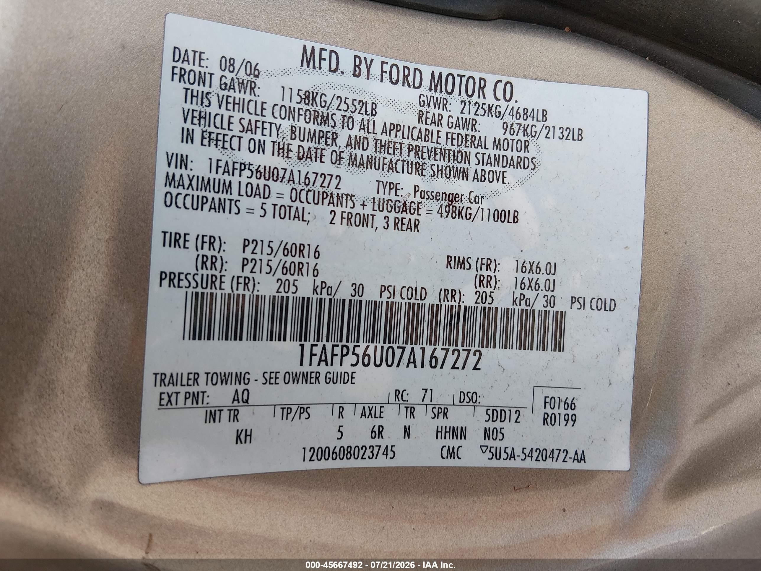 2007 Ford Taurus Sel Brown vin: 1FAFP56U07A167272