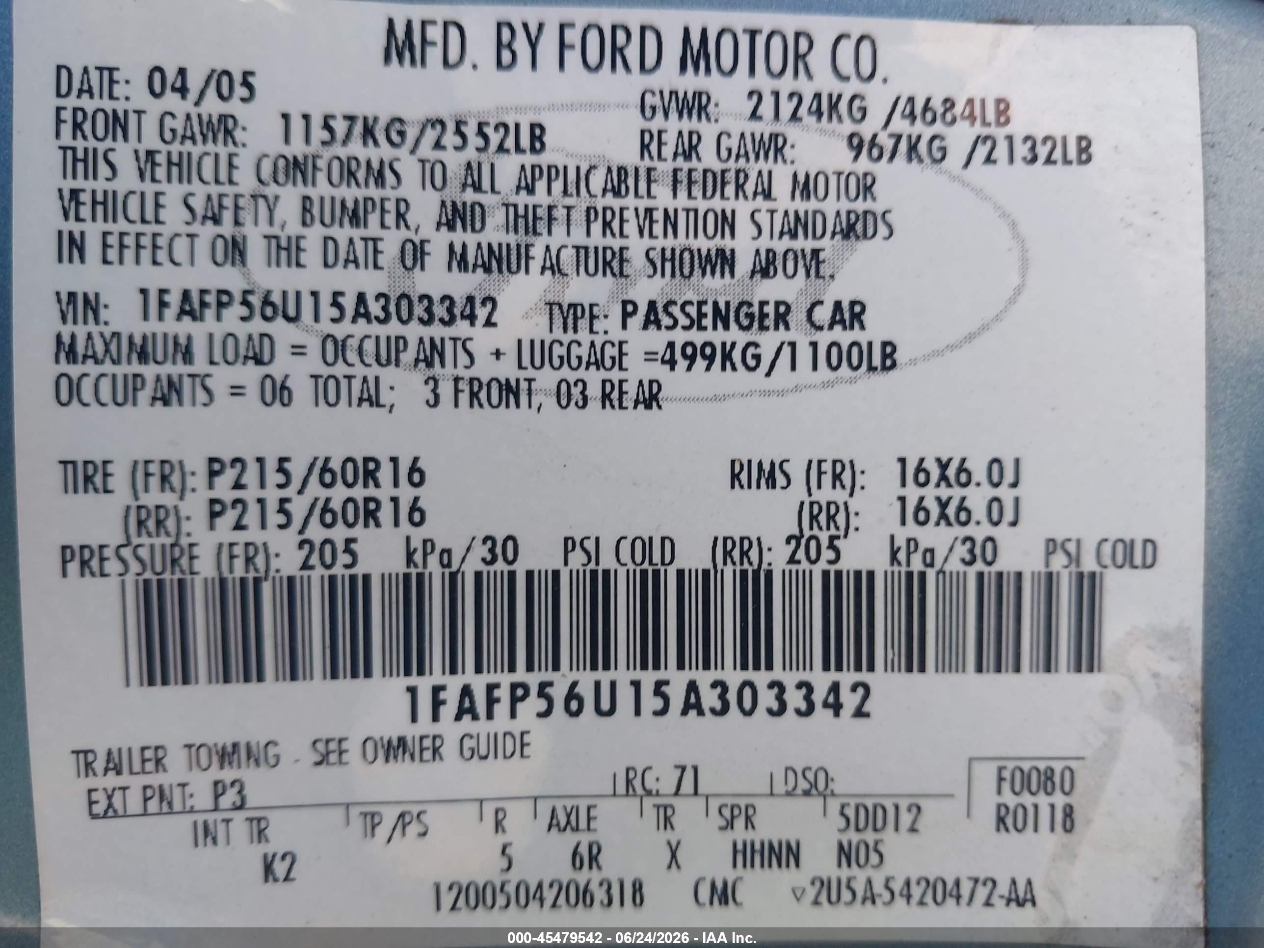 2005 Ford Taurus Sel Light Blue vin: 1FAFP56U15A303342