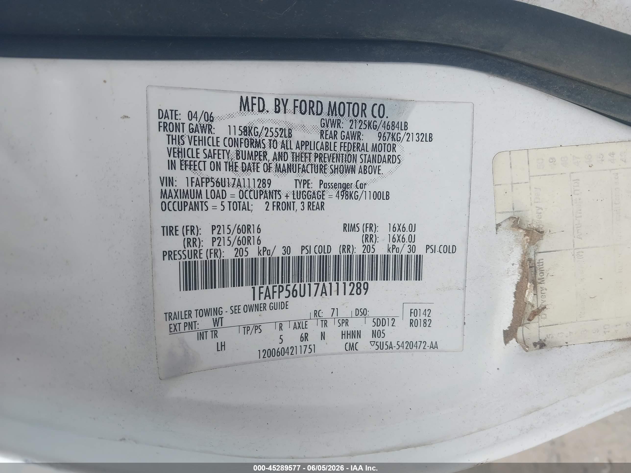 2007 Ford Taurus Sel White vin: 1FAFP56U17A111289