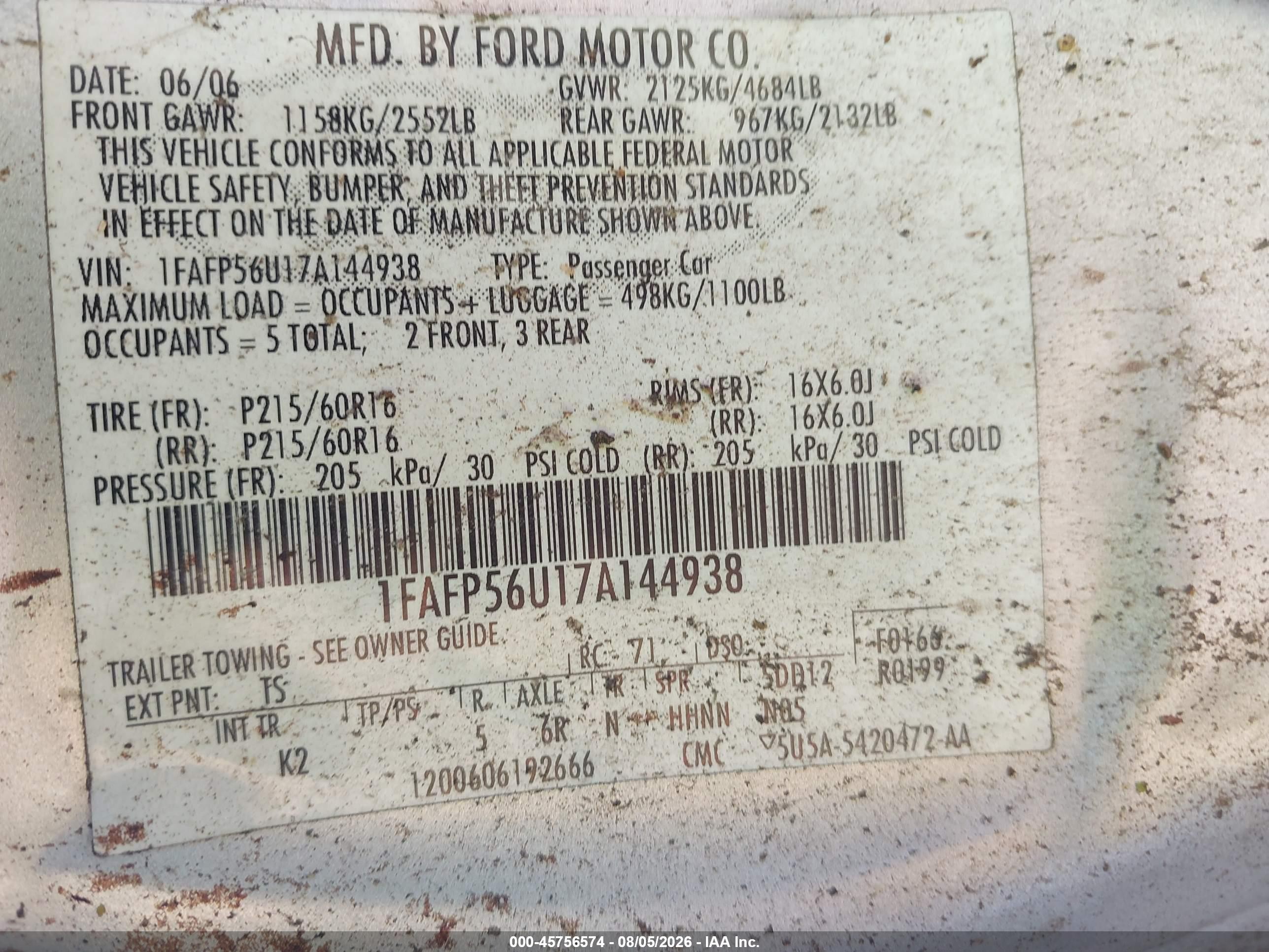 2007 Ford Taurus Sel Silver vin: 1FAFP56U17A144938