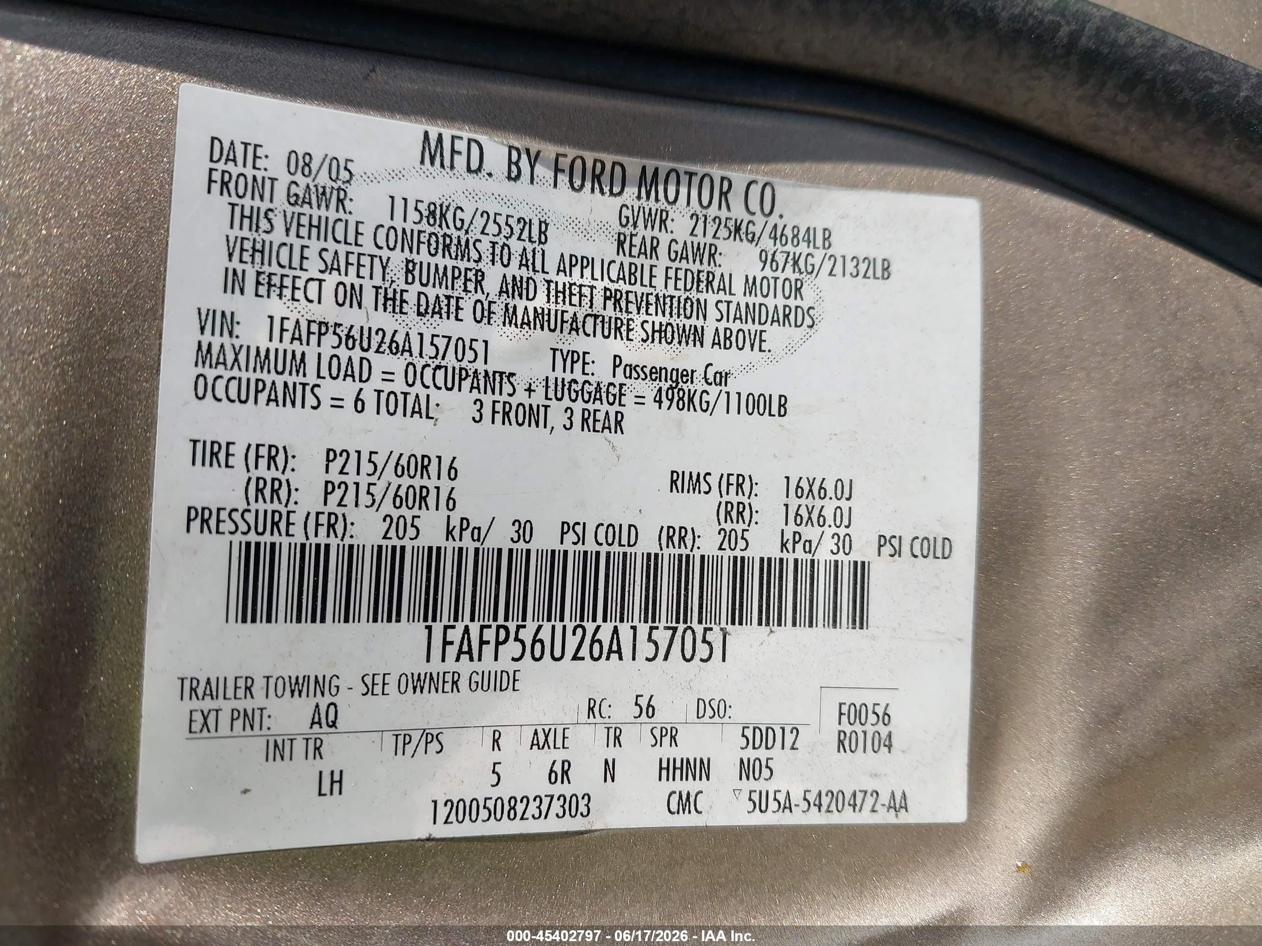 2006 Ford Taurus Sel Beige vin: 1FAFP56U26A157051