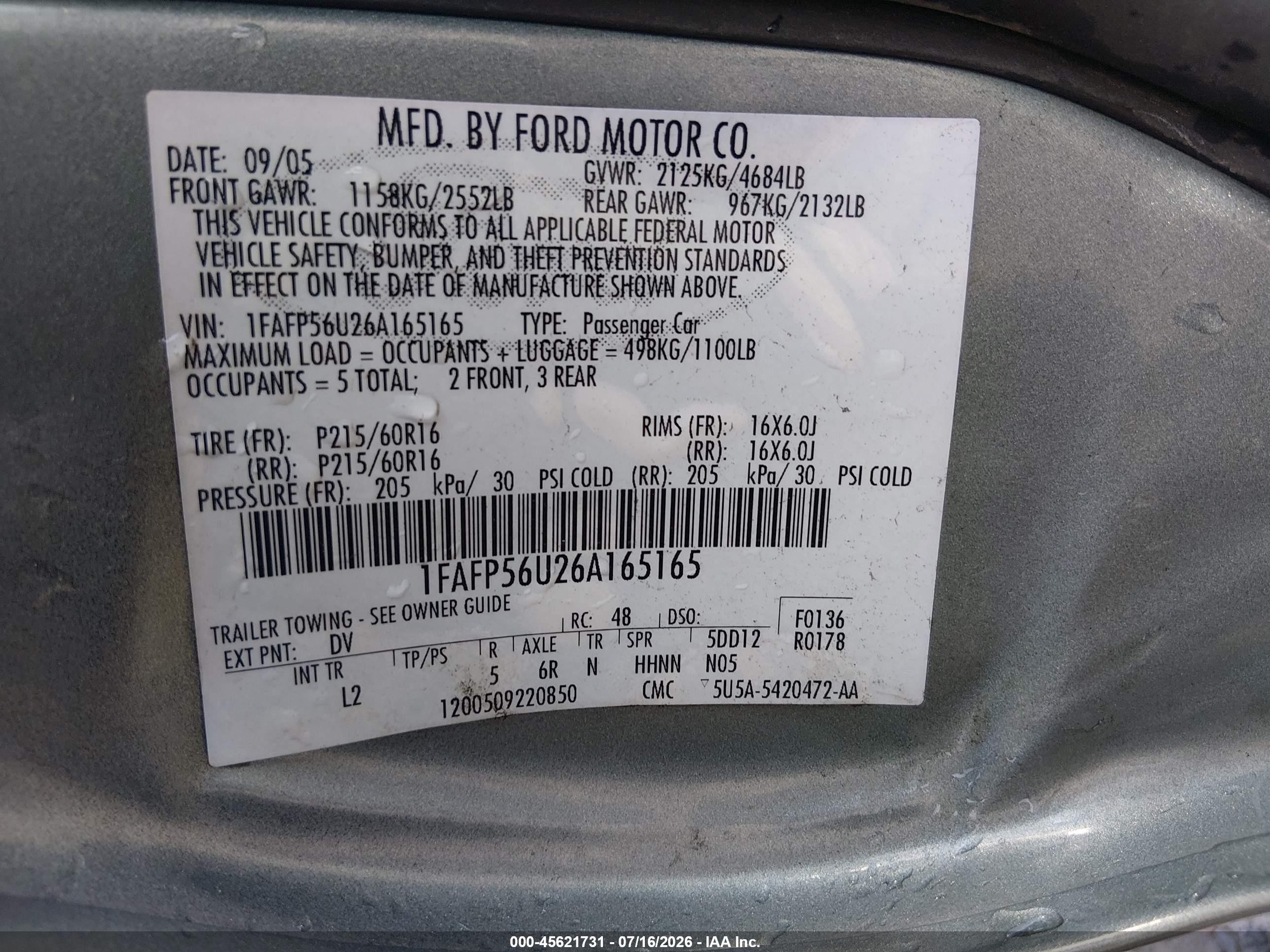 2006 Ford Taurus Sel Зеленый vin: 1FAFP56U26A165165