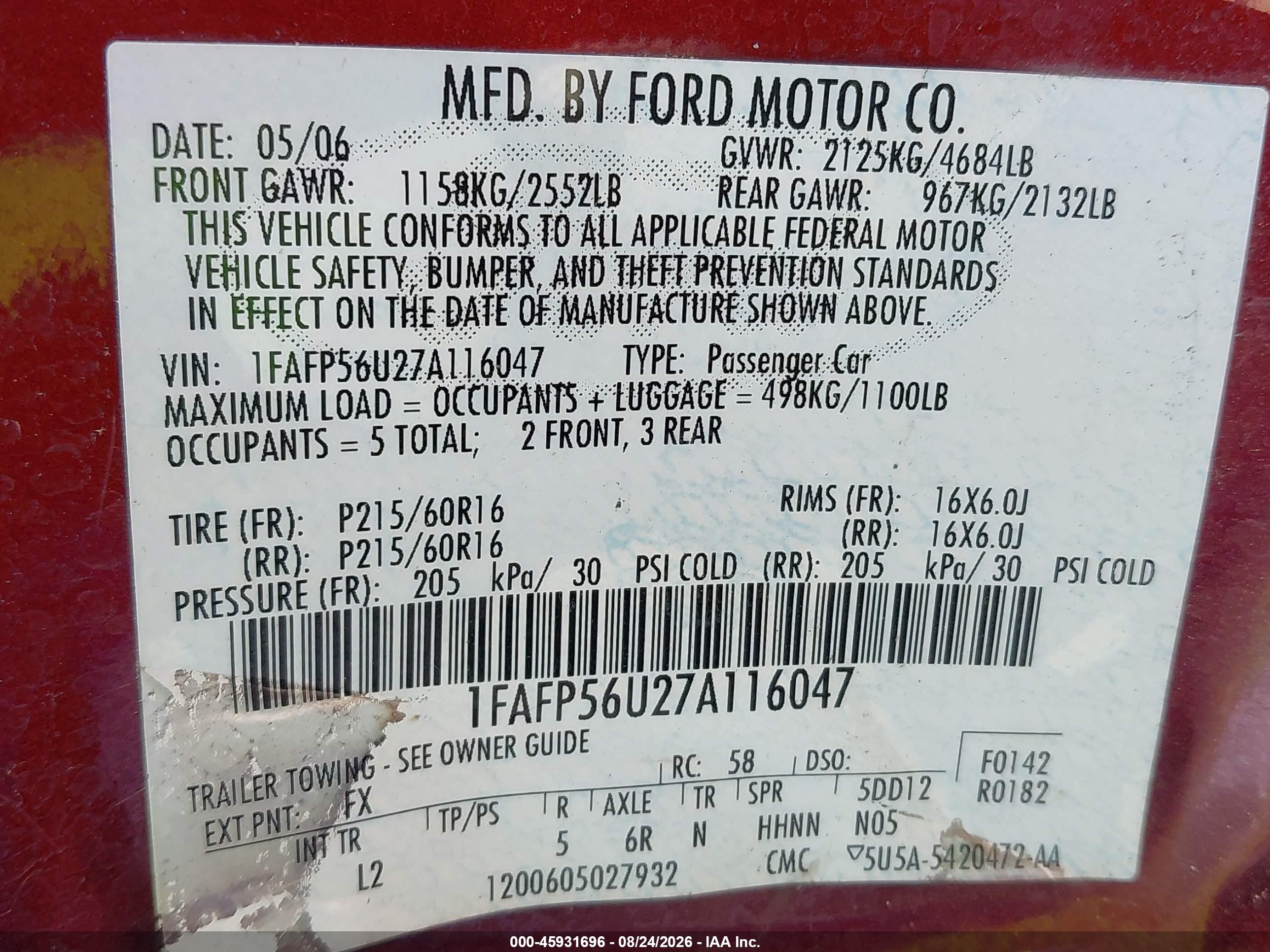 2007 Ford Taurus Sel Maroon vin: 1FAFP56U27A116047