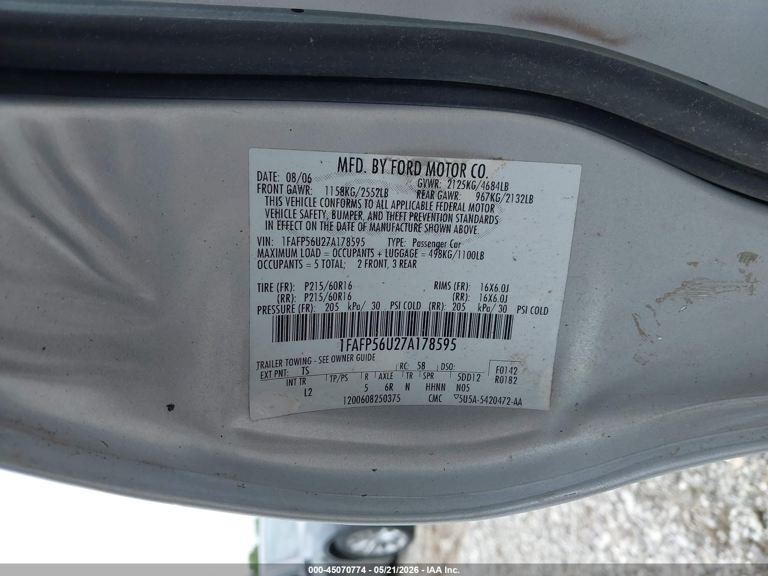 2007 Ford Taurus Sel Серебряный vin: 1FAFP56U27A178595