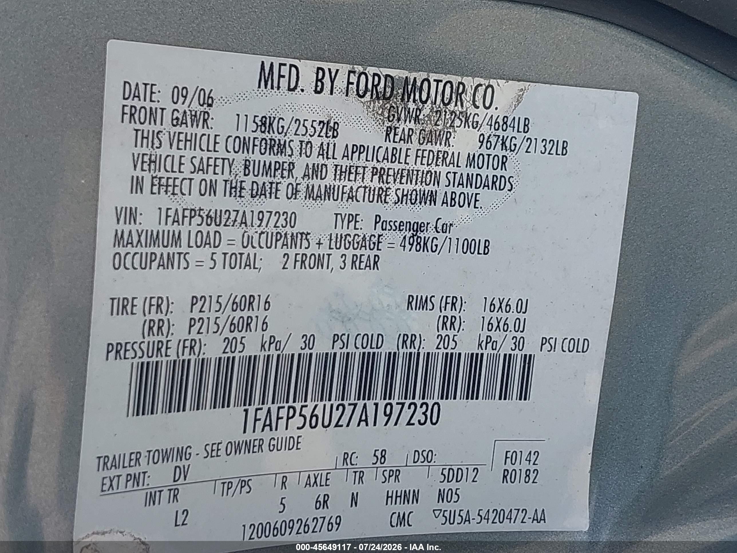 2007 Ford Taurus Sel Blue vin: 1FAFP56U27A197230