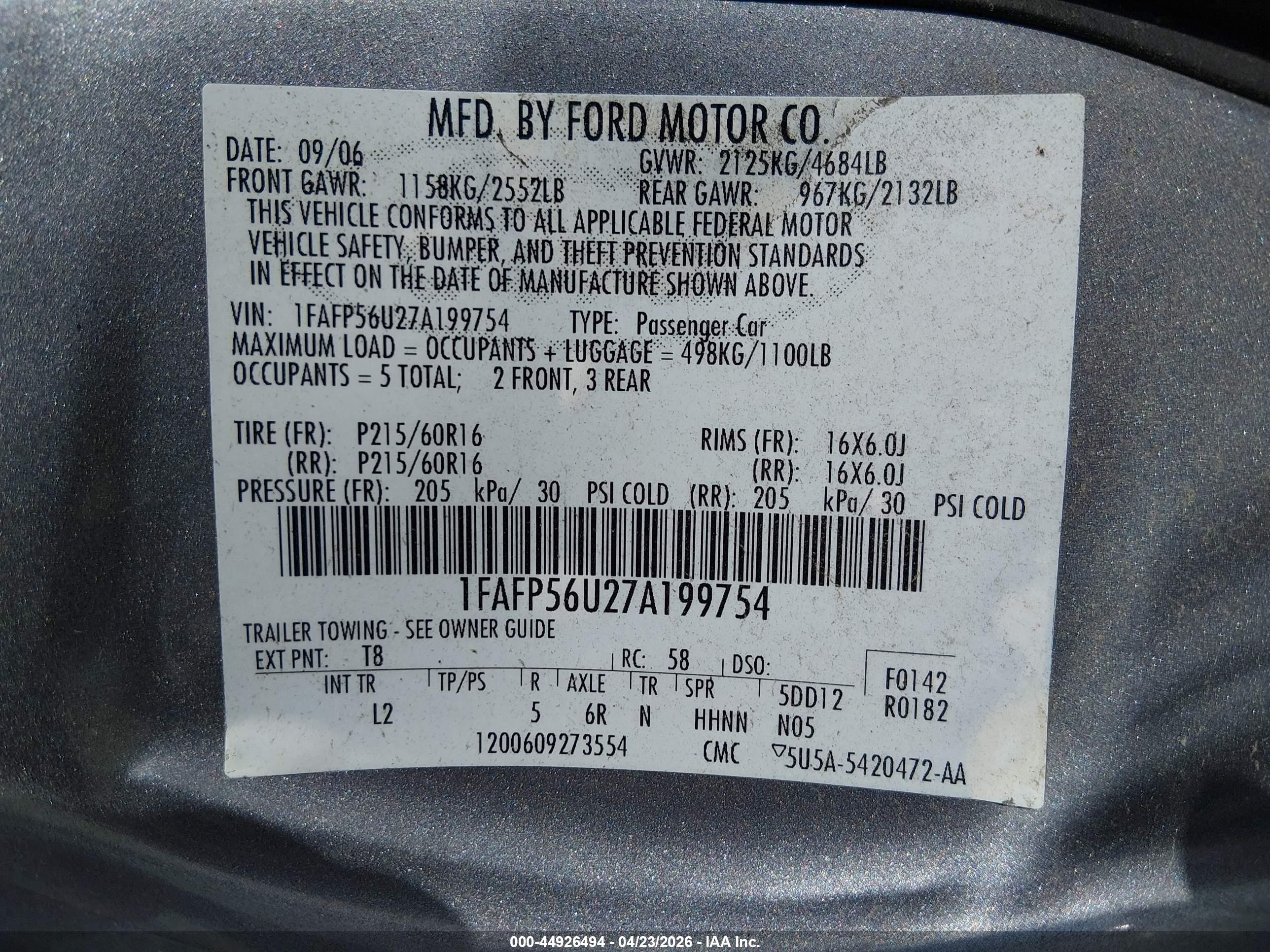 2007 Ford Taurus Sel Gray vin: 1FAFP56U27A199754