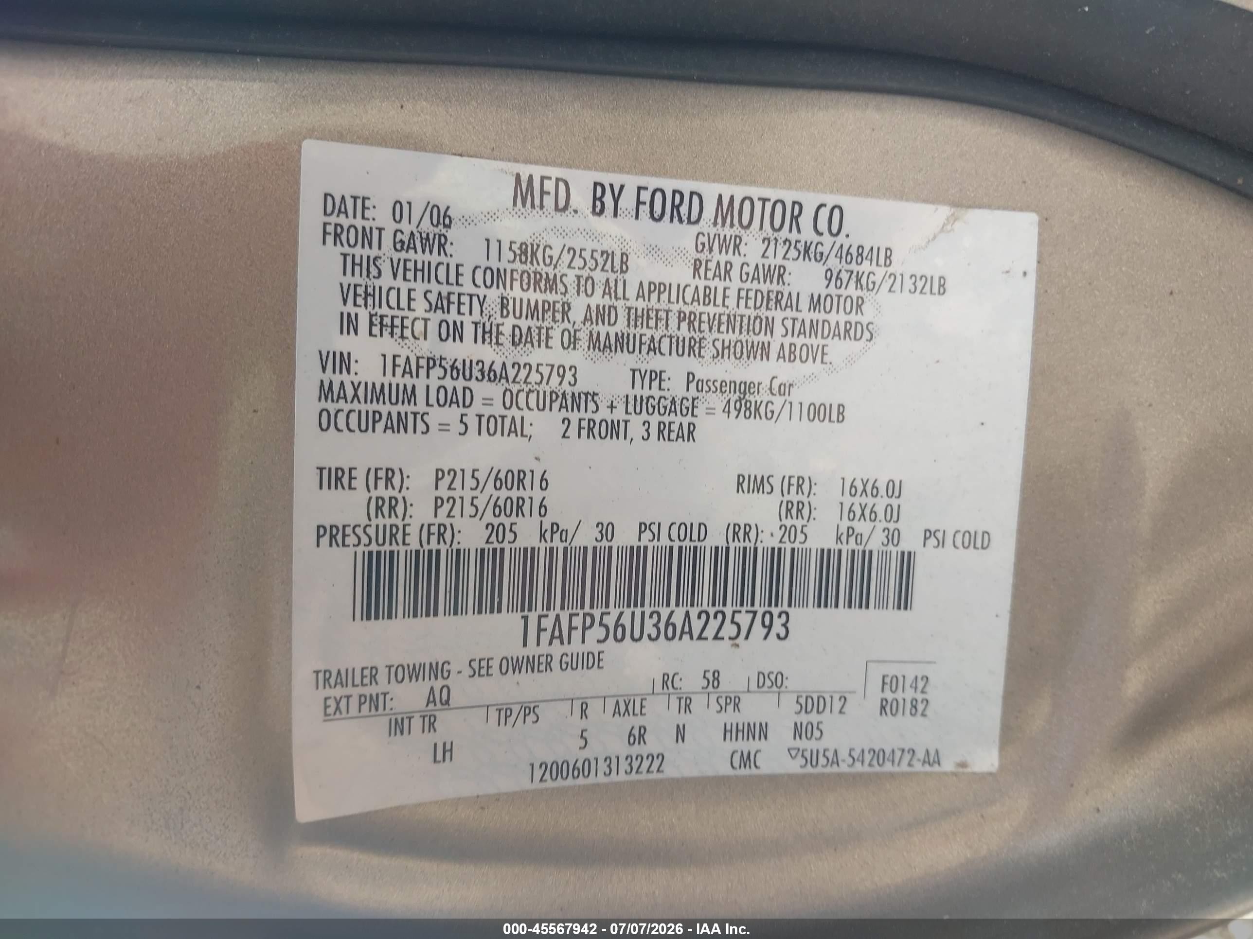 2006 Ford Taurus Sel Brown vin: 1FAFP56U36A225793