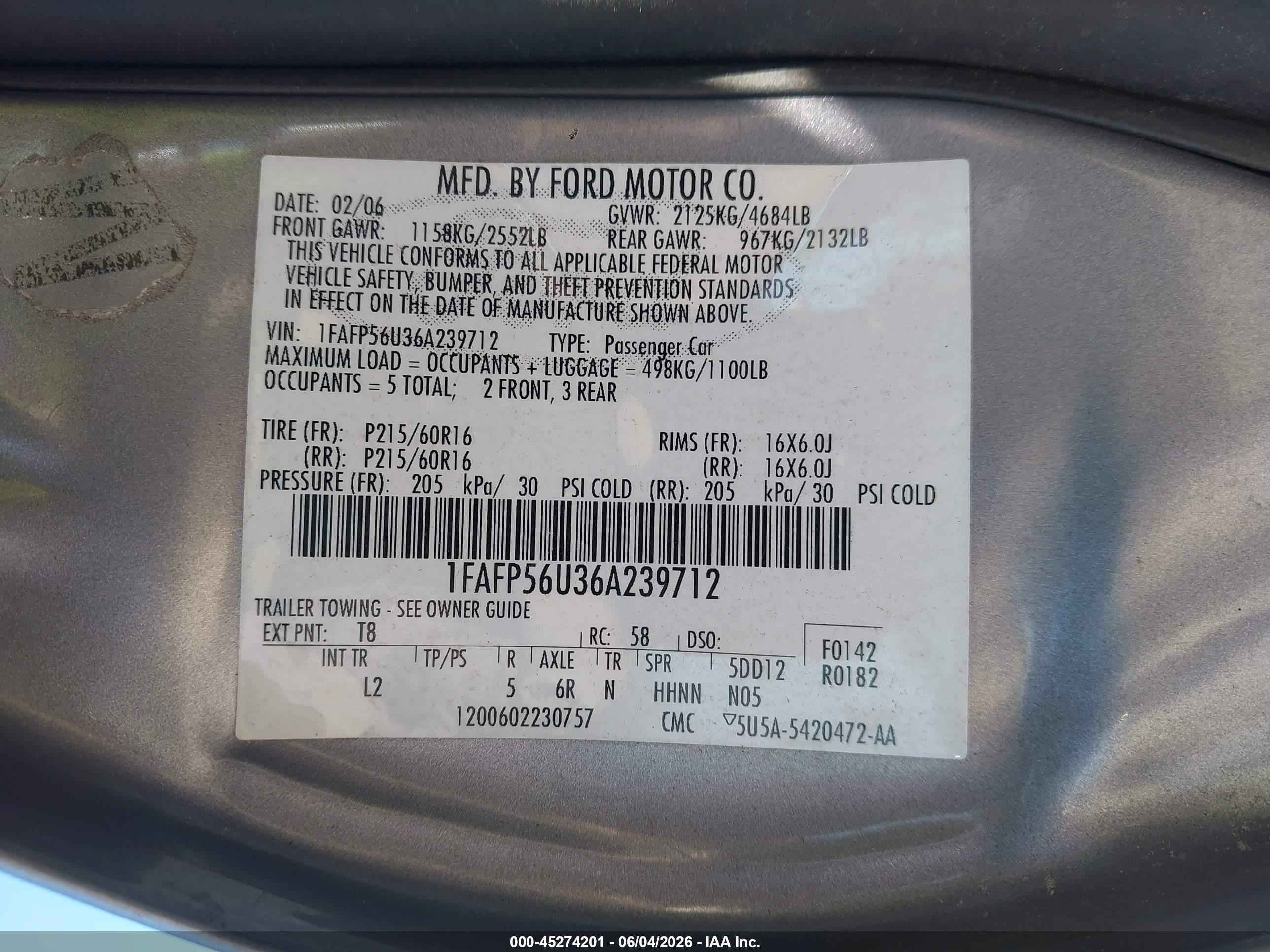 2006 Ford Taurus Sel Silver vin: 1FAFP56U36A239712