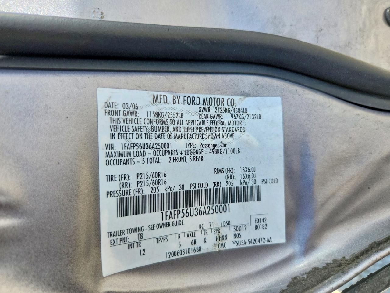 2006 Ford Taurus Silver vin: 1FAFP56U36A250001