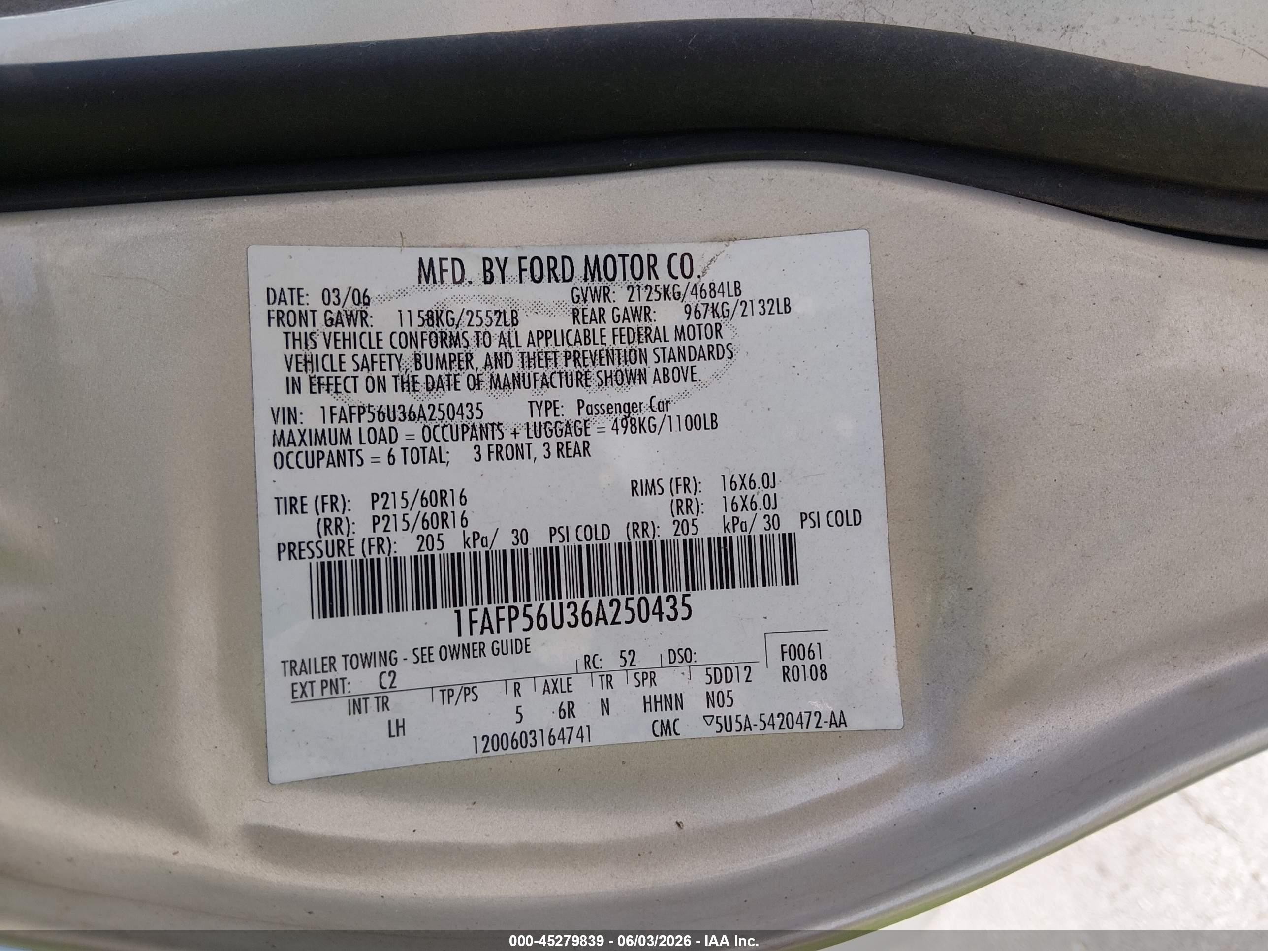 2006 Ford Taurus Sel Silver vin: 1FAFP56U36A250435
