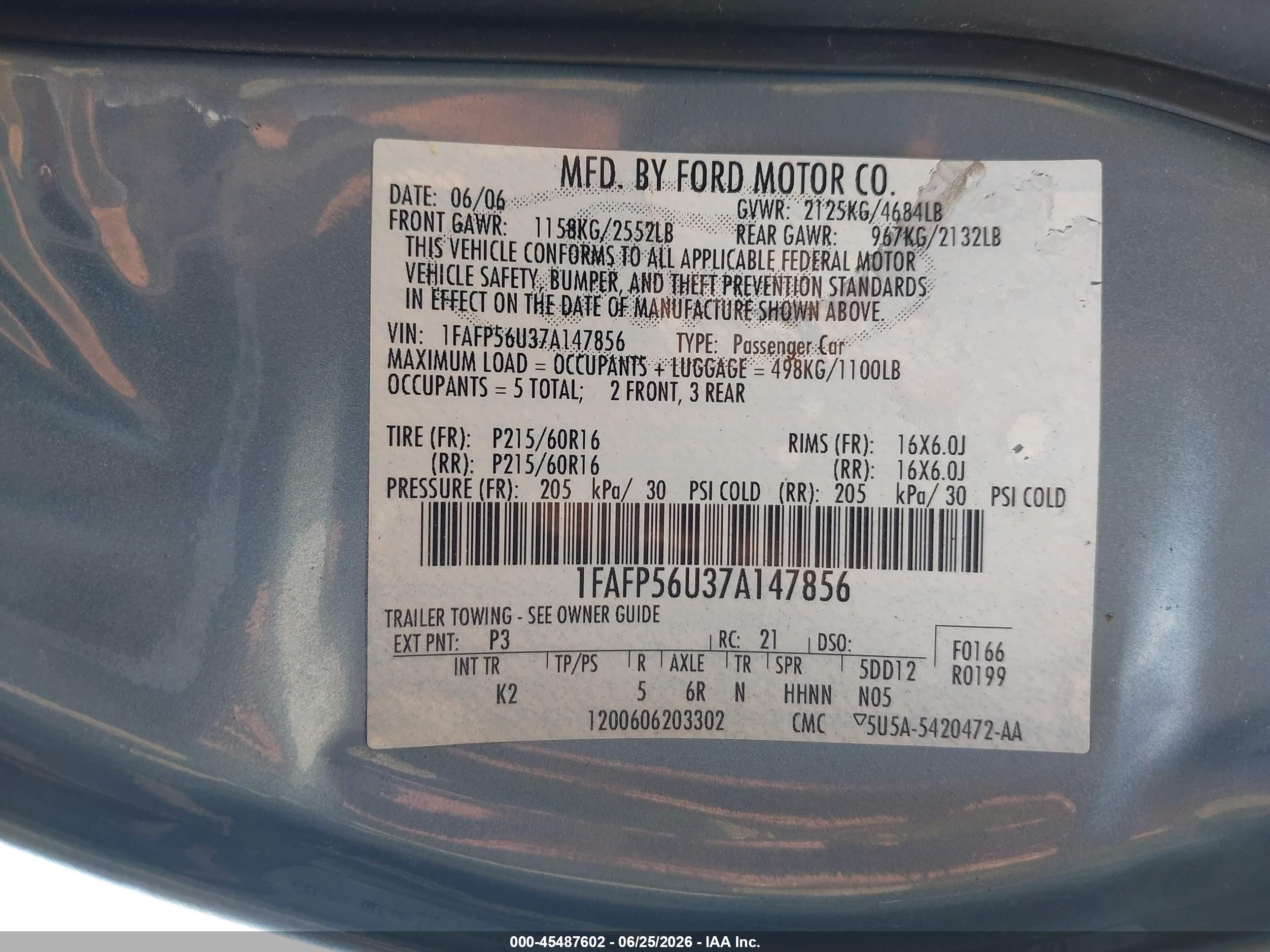 2007 Ford Taurus Sel Blue vin: 1FAFP56U37A147856