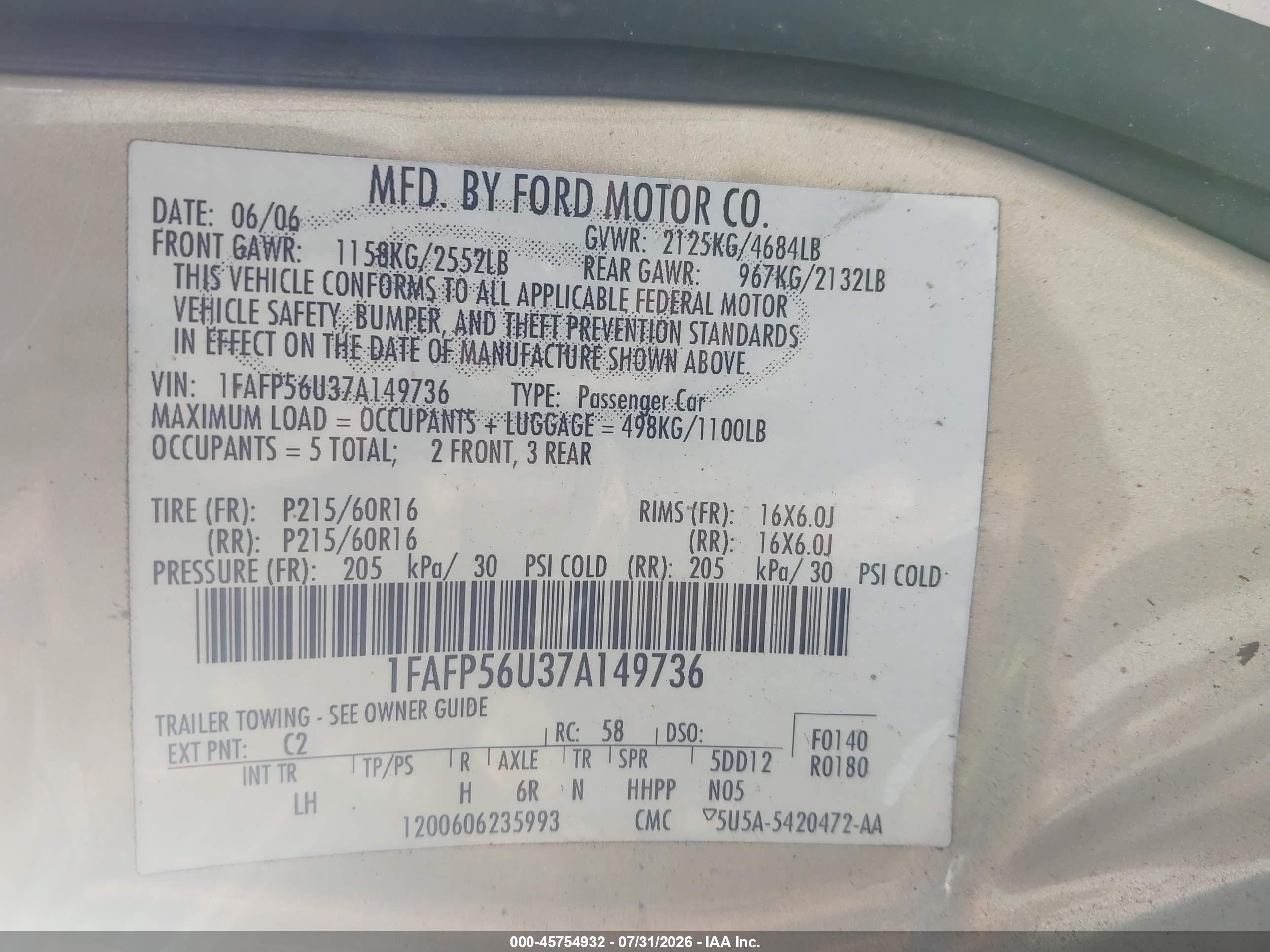 2007 Ford Taurus Sel Beige vin: 1FAFP56U37A149736