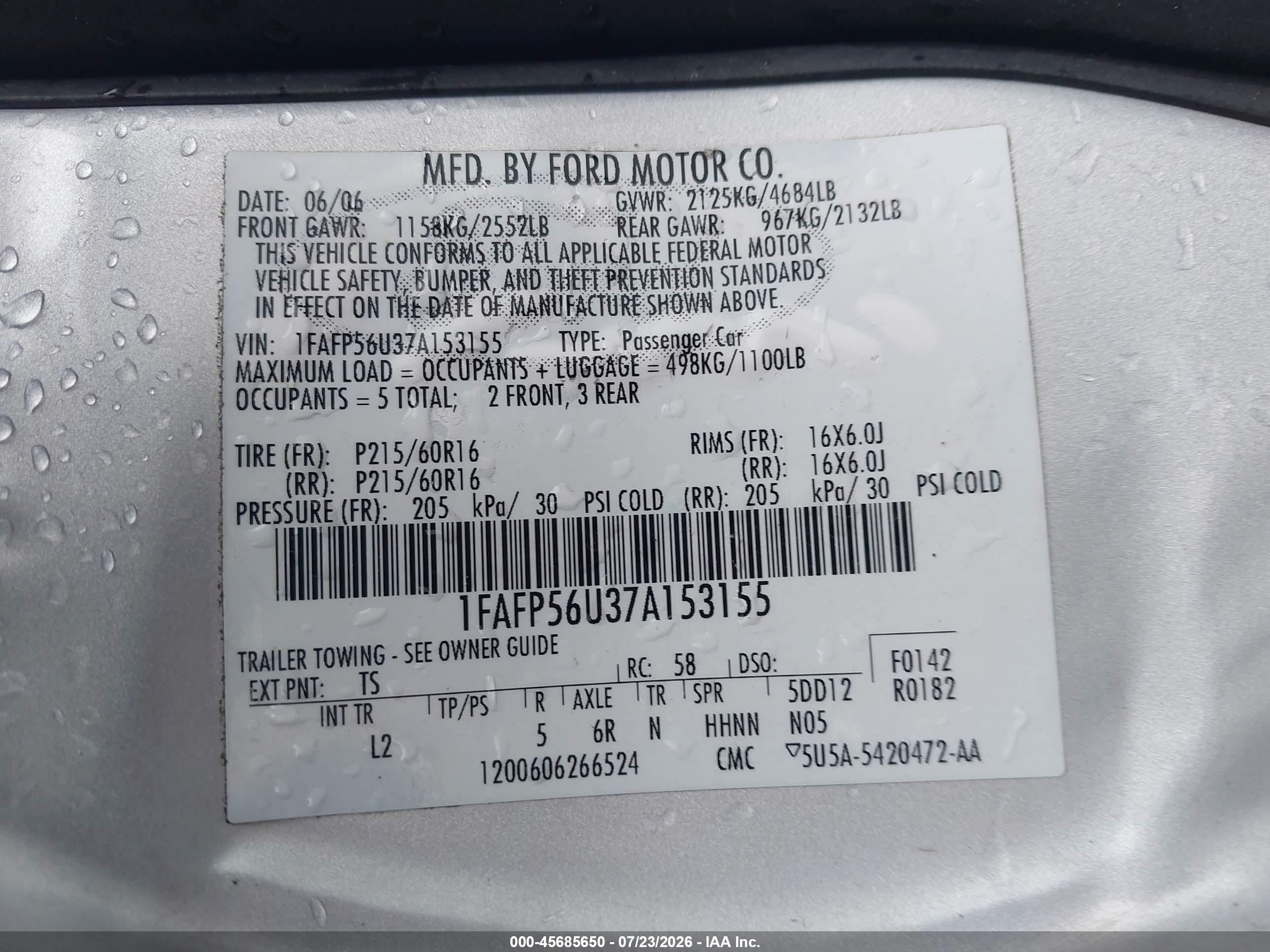 2007 Ford Taurus Sel Silver vin: 1FAFP56U37A153155
