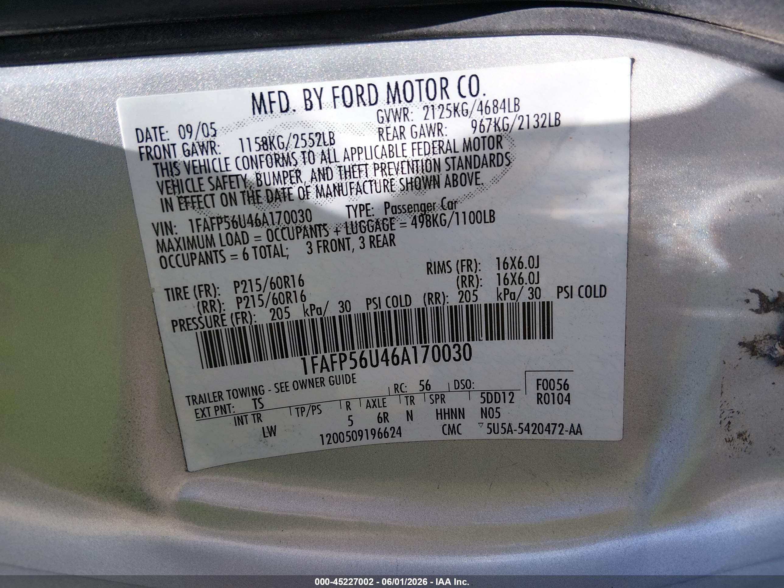 2006 Ford Taurus Sel Silver vin: 1FAFP56U46A170030