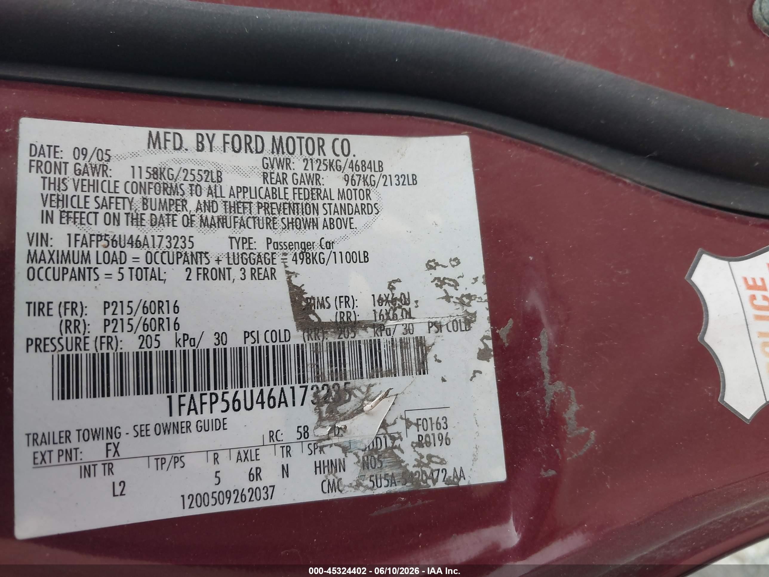 2006 Ford Taurus Sel Red vin: 1FAFP56U46A173235