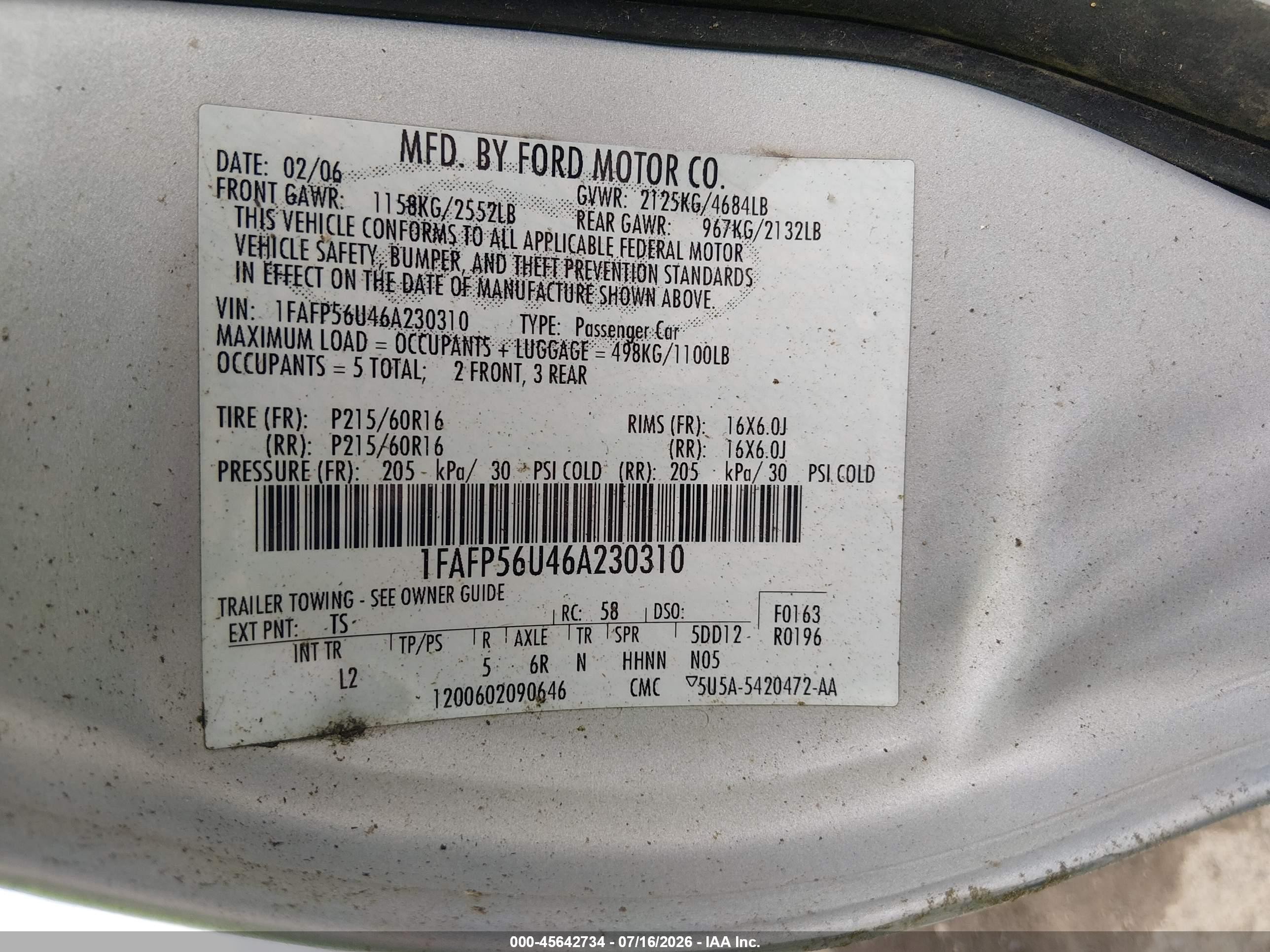 2006 Ford Taurus Sel Silver vin: 1FAFP56U46A230310