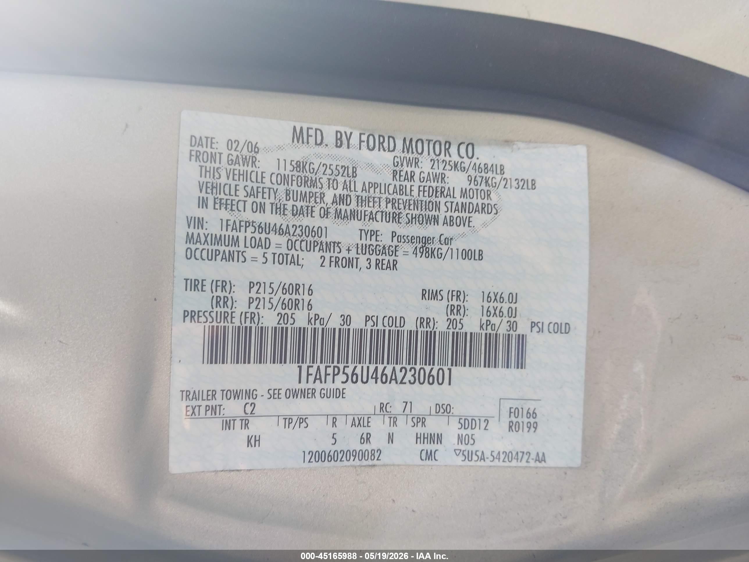 2006 Ford Taurus Sel Gold vin: 1FAFP56U46A230601