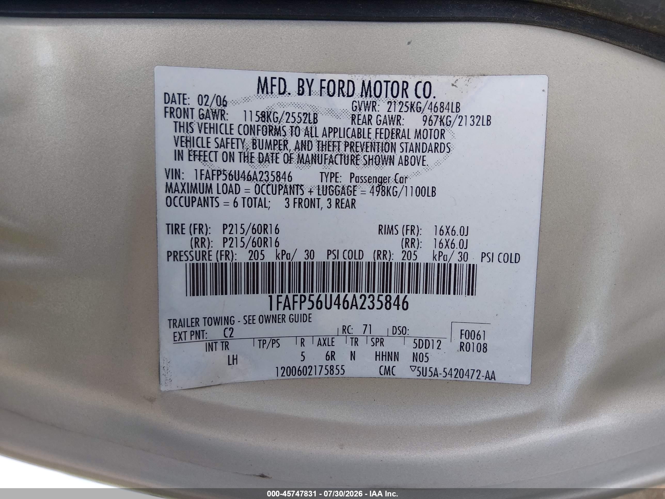 2006 Ford Taurus Sel Beige vin: 1FAFP56U46A235846