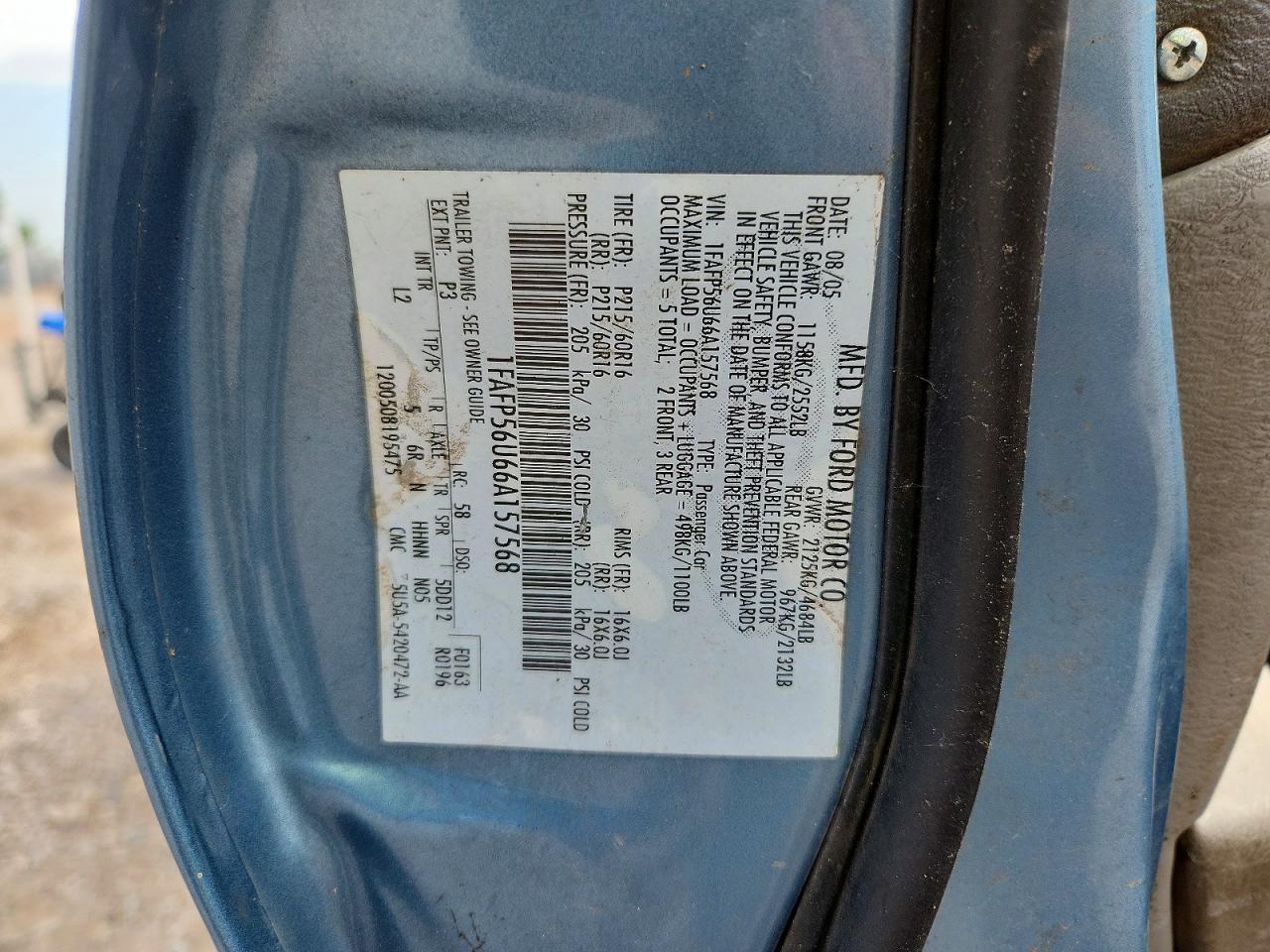 2006 Ford Taurus Sel Blue vin: 1FAFP56U66A157568