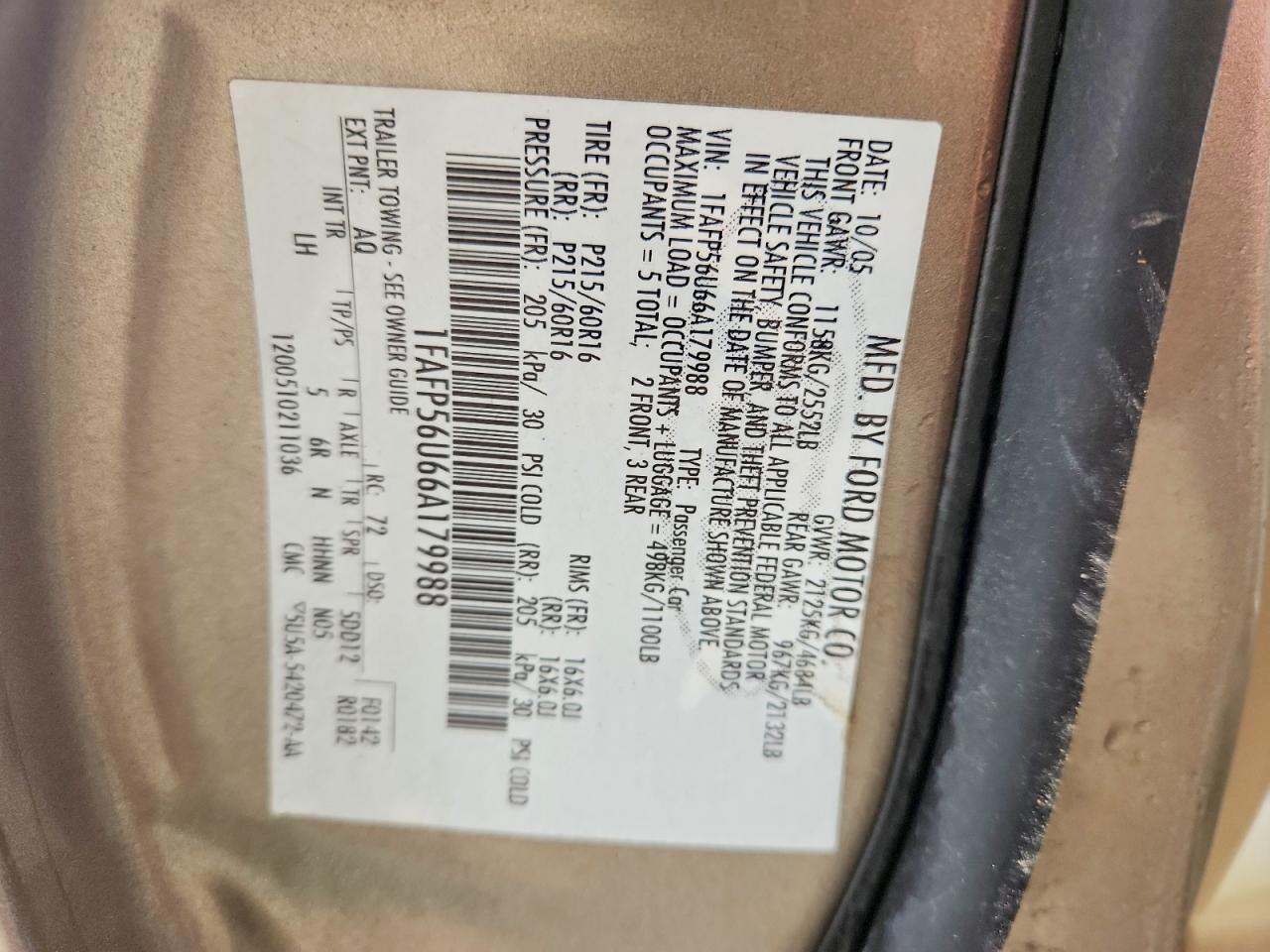 2006 Ford Taurus Sel Gold vin: 1FAFP56U66A179988