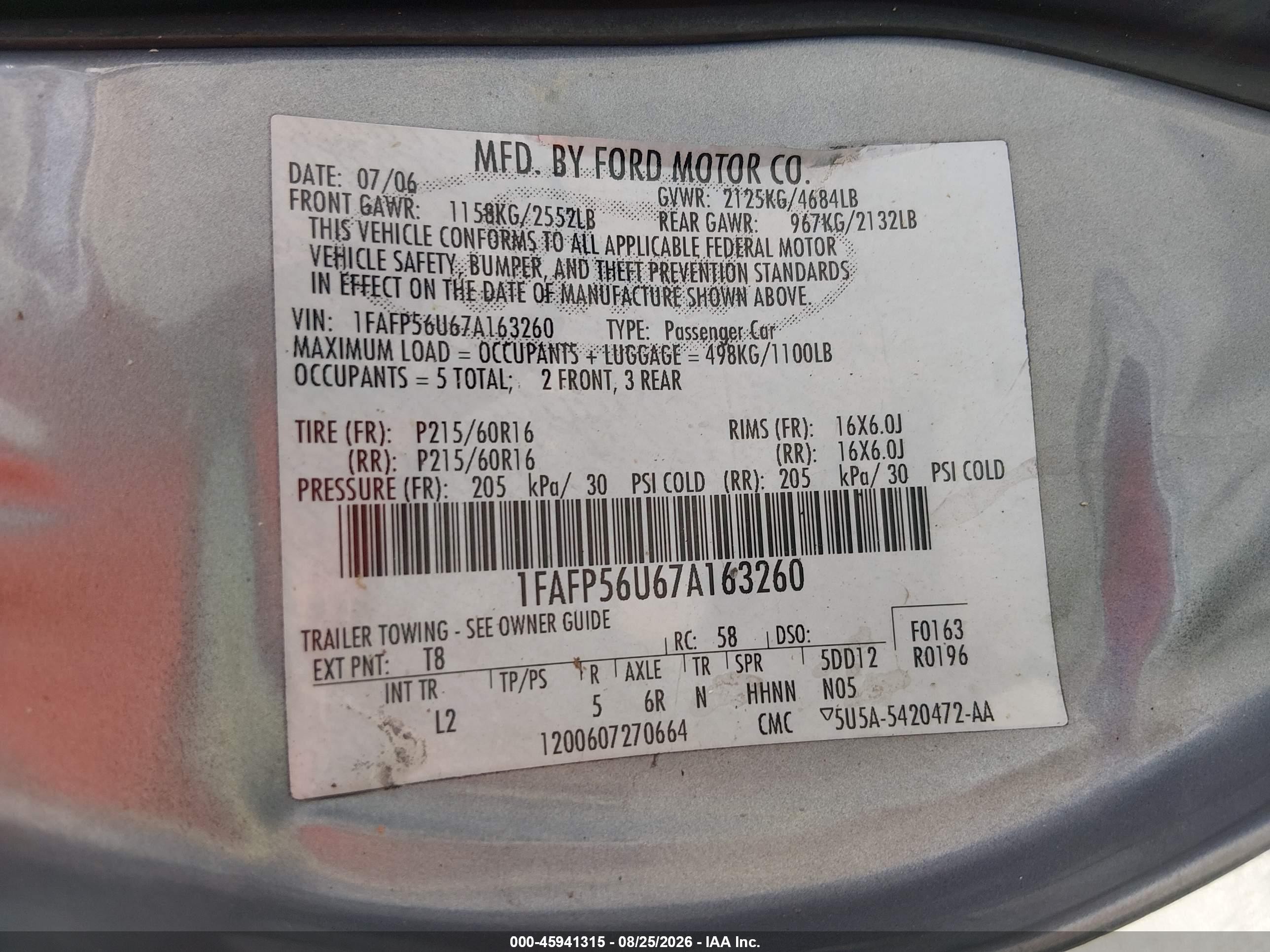 2007 Ford Taurus Sel Gray vin: 1FAFP56U67A163260