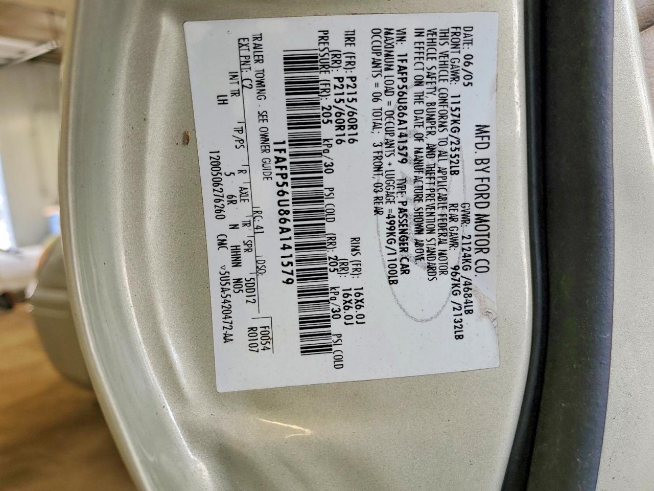 2006 Ford Taurus Sel Beige vin: 1FAFP56U86A141579