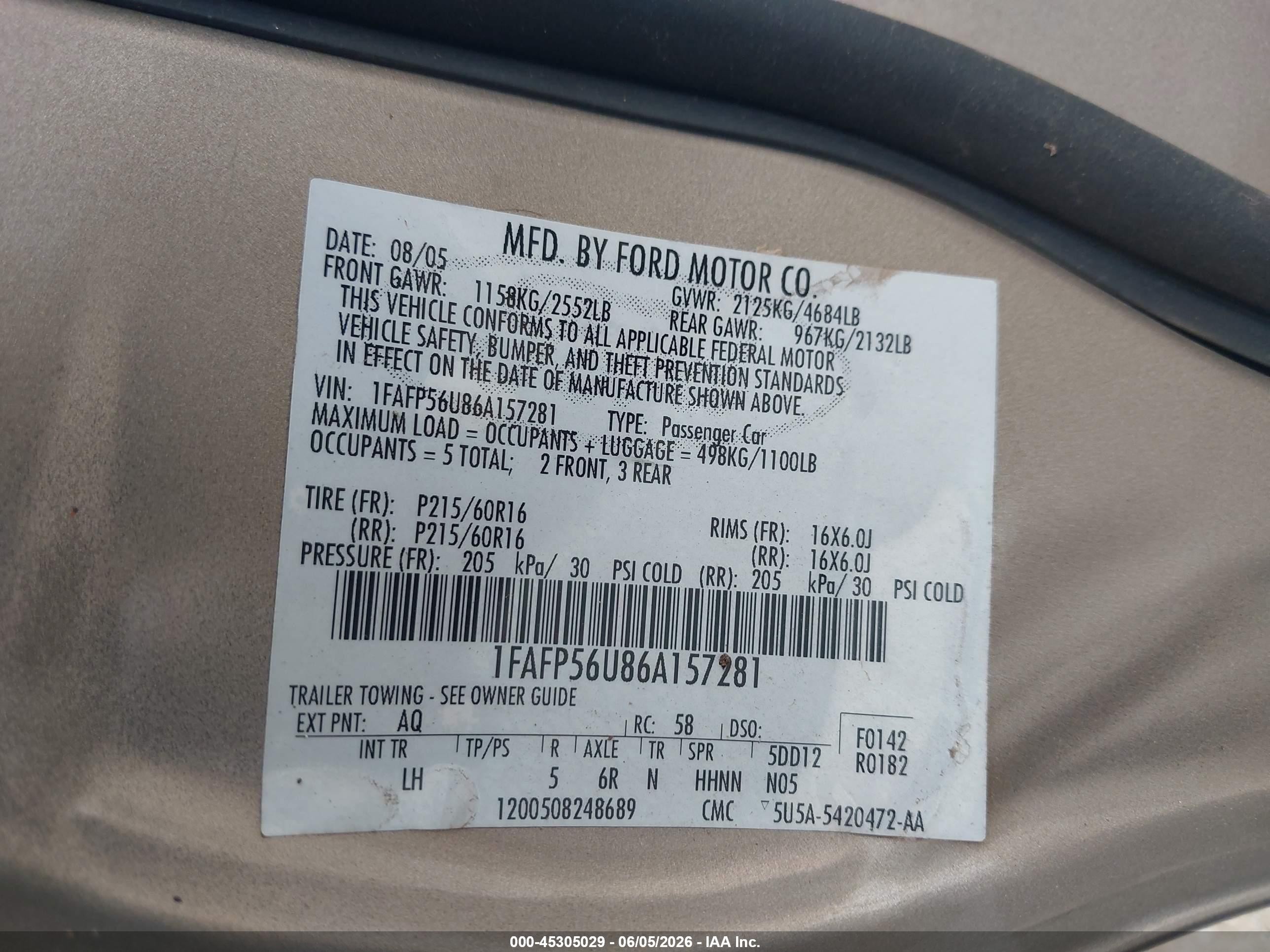 2006 Ford Taurus Sel Beige vin: 1FAFP56U86A157281