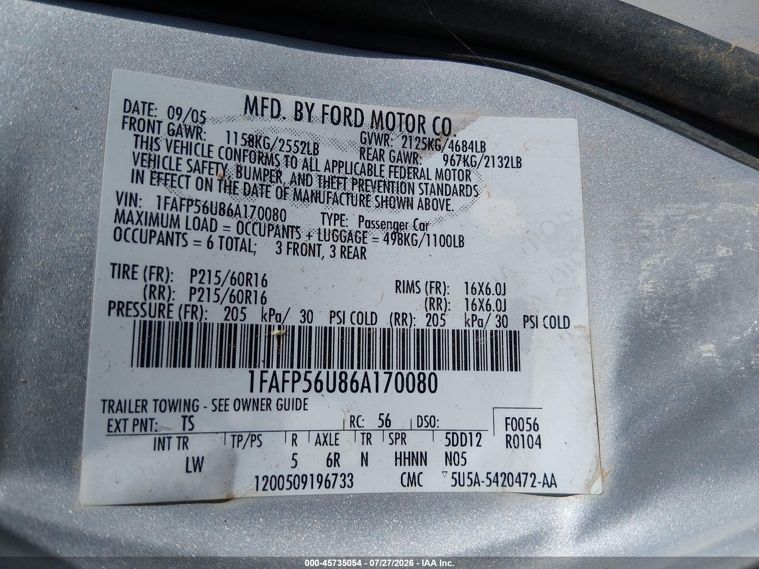 2006 Ford Taurus Sel Gray vin: 1FAFP56U86A170080