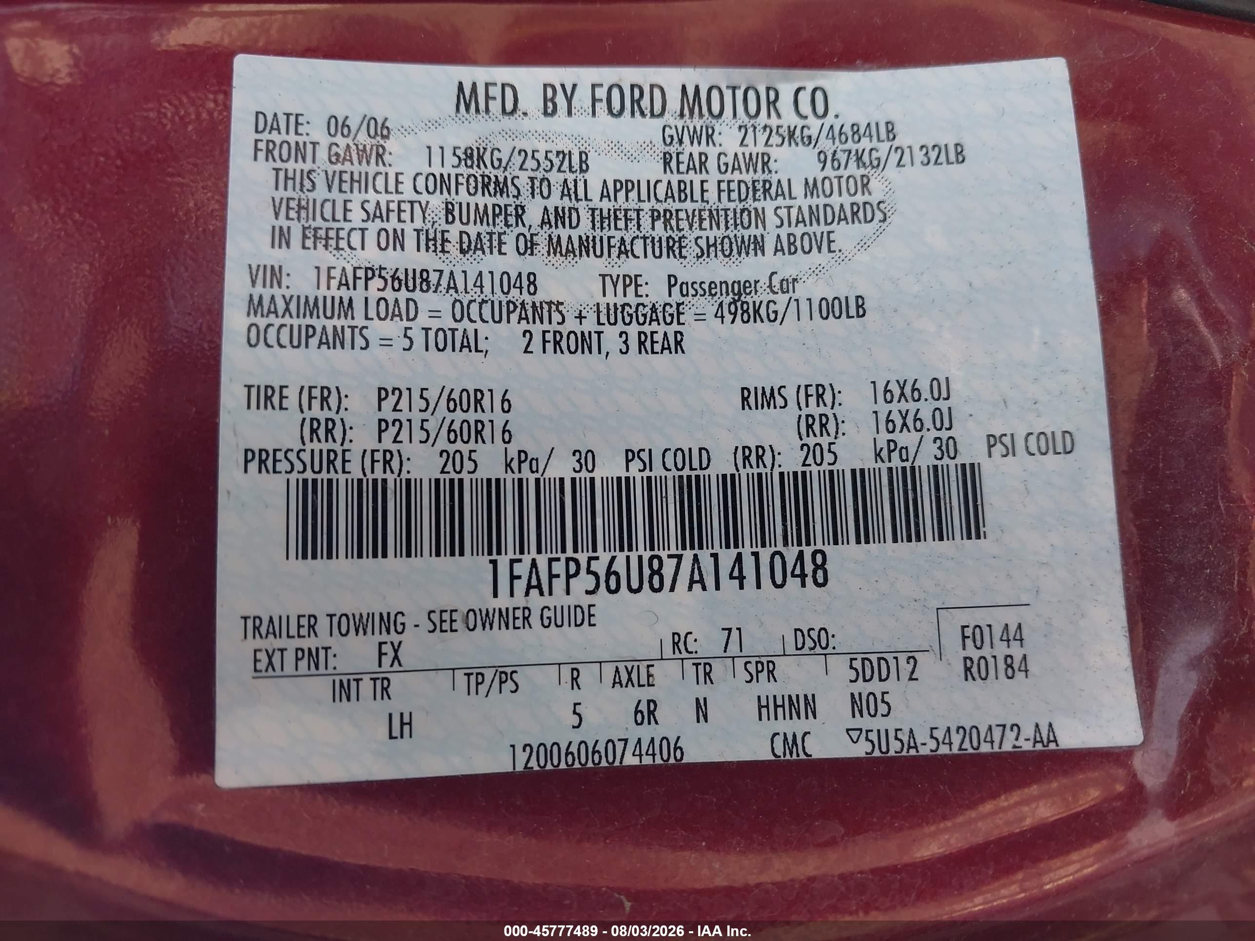 2007 Ford Taurus Sel Red vin: 1FAFP56U87A141048