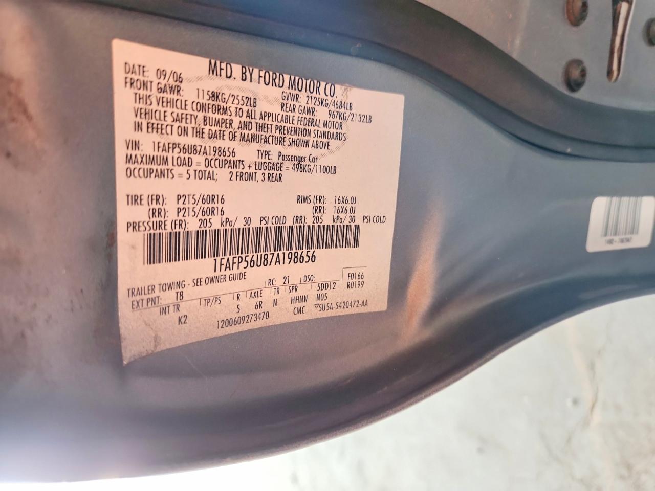 2007 Ford Taurus Sel Gray vin: 1FAFP56U87A198656
