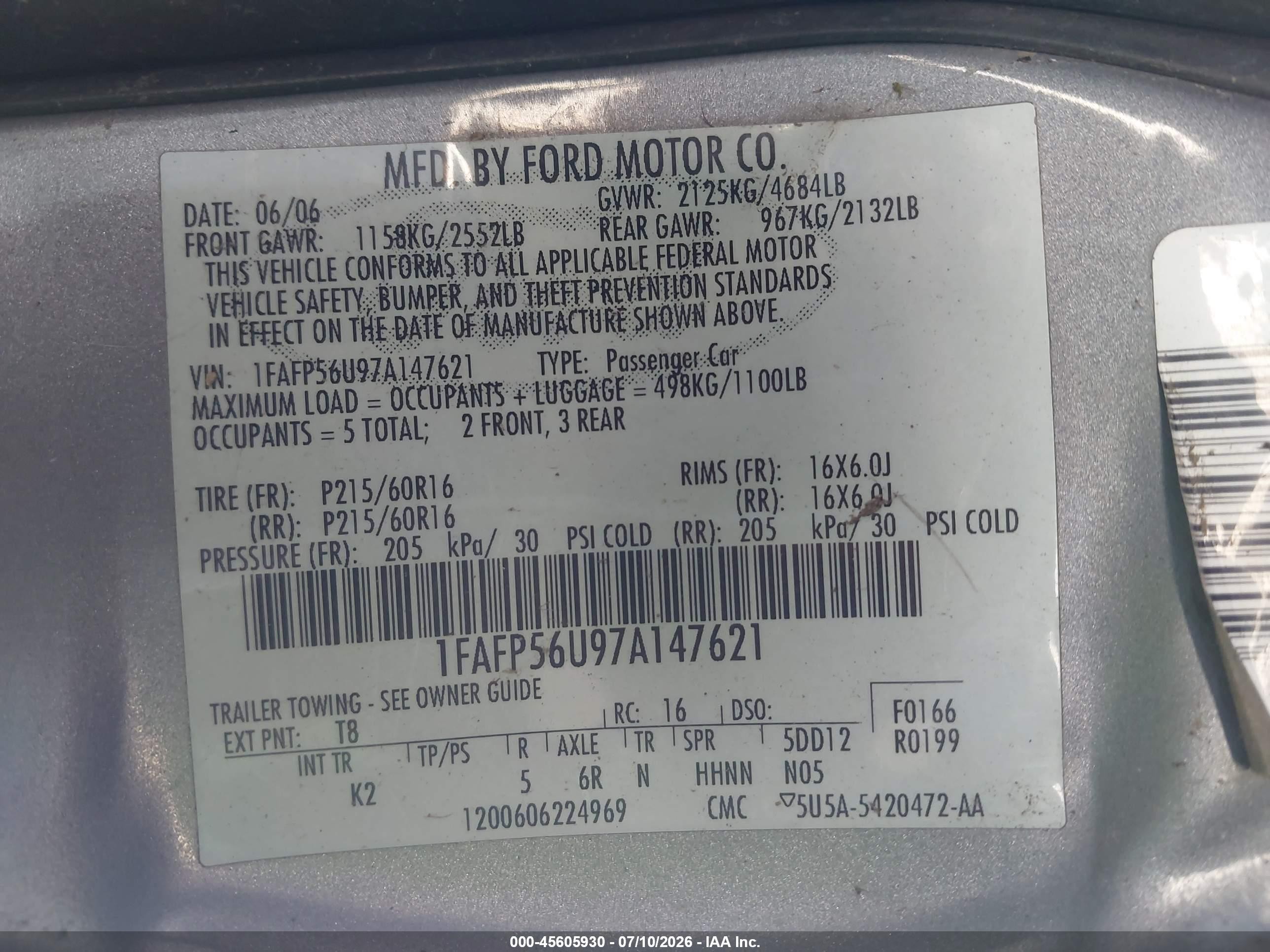 2007 Ford Taurus Sel Gray vin: 1FAFP56U97A147621